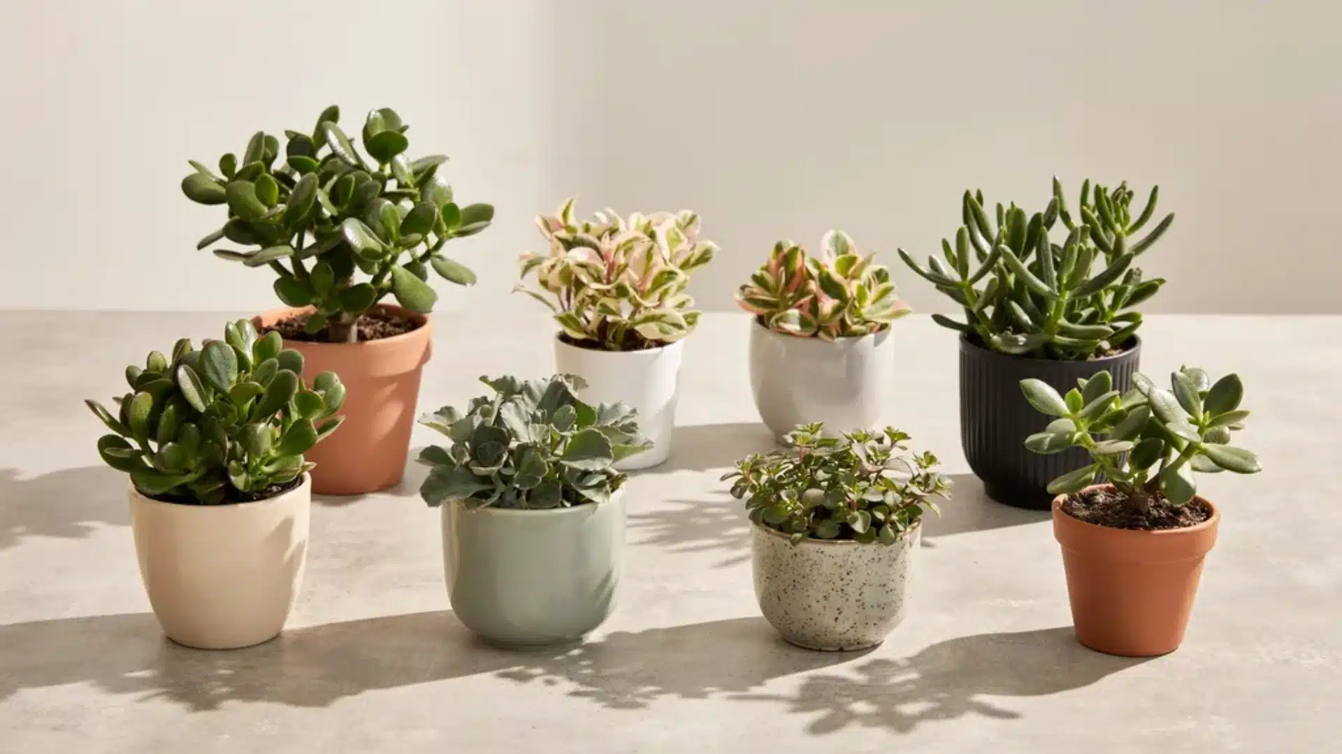 Assorted jade and succulent plants arranged in small decorative pots on a light tabletop with soft natural lighting and neutral background.