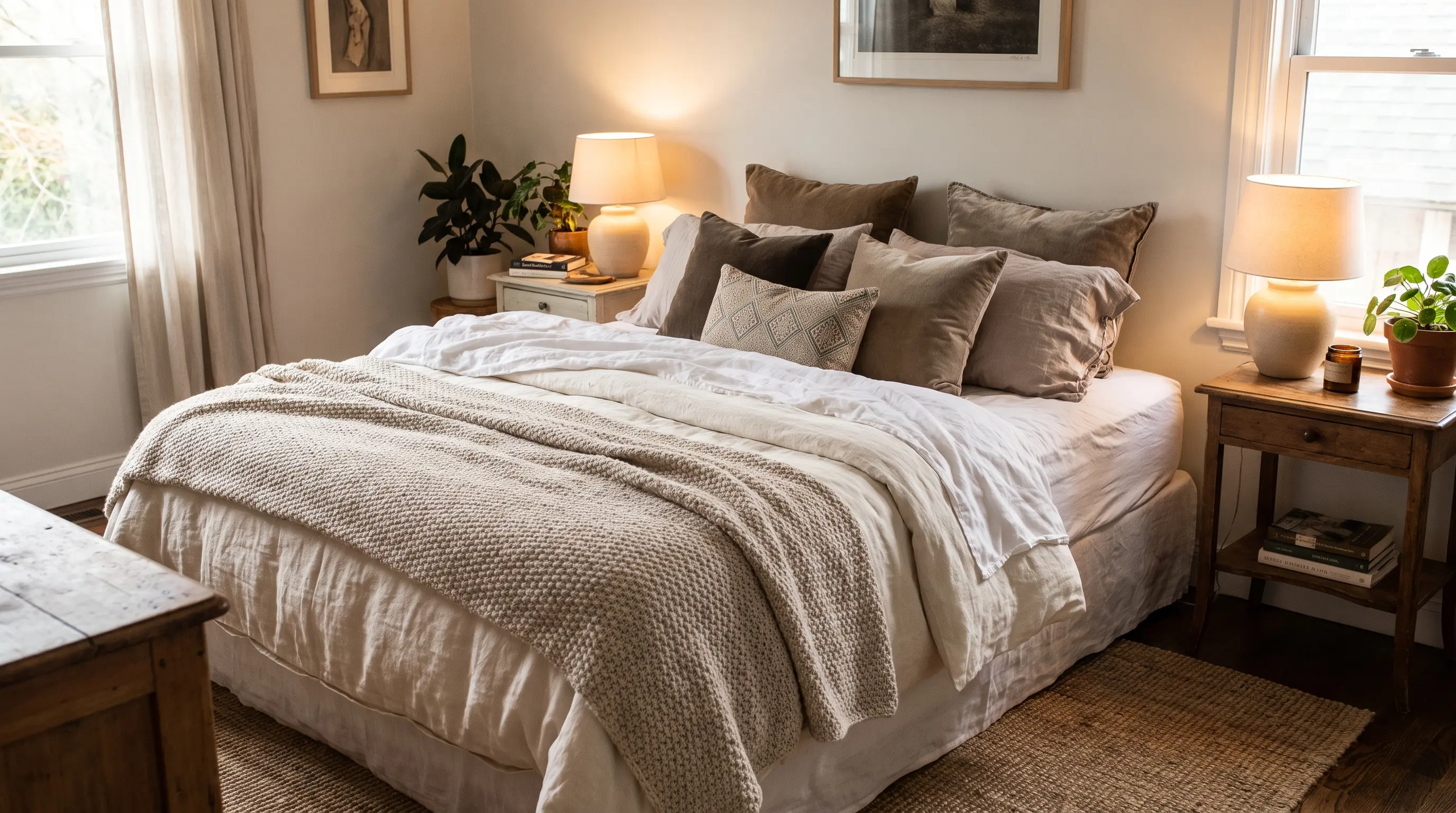 Master bedroom with layered bedding, pillows, and textured throws