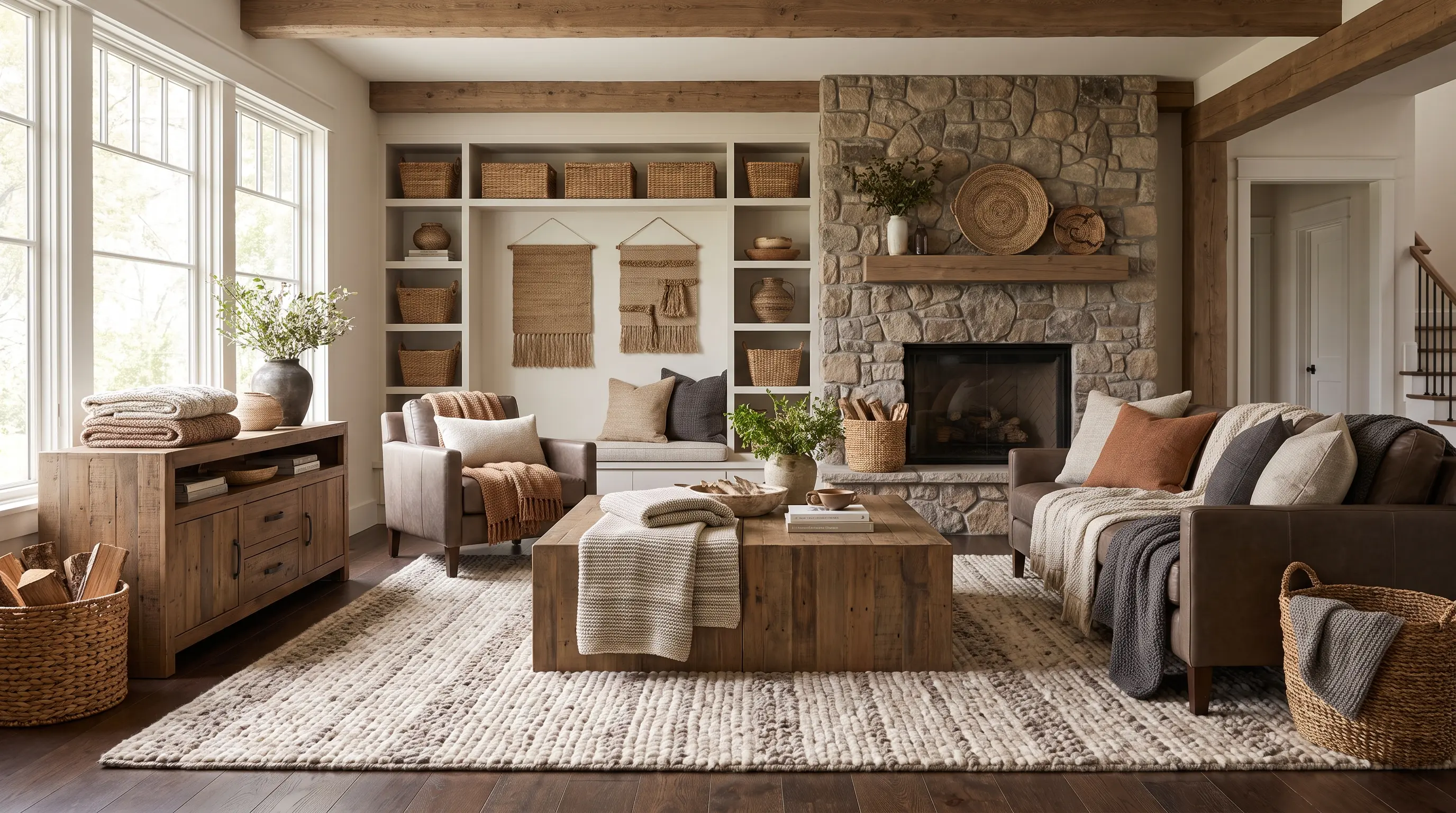 Modern rustic space layered with woven rugs, baskets, and textured fabric accents