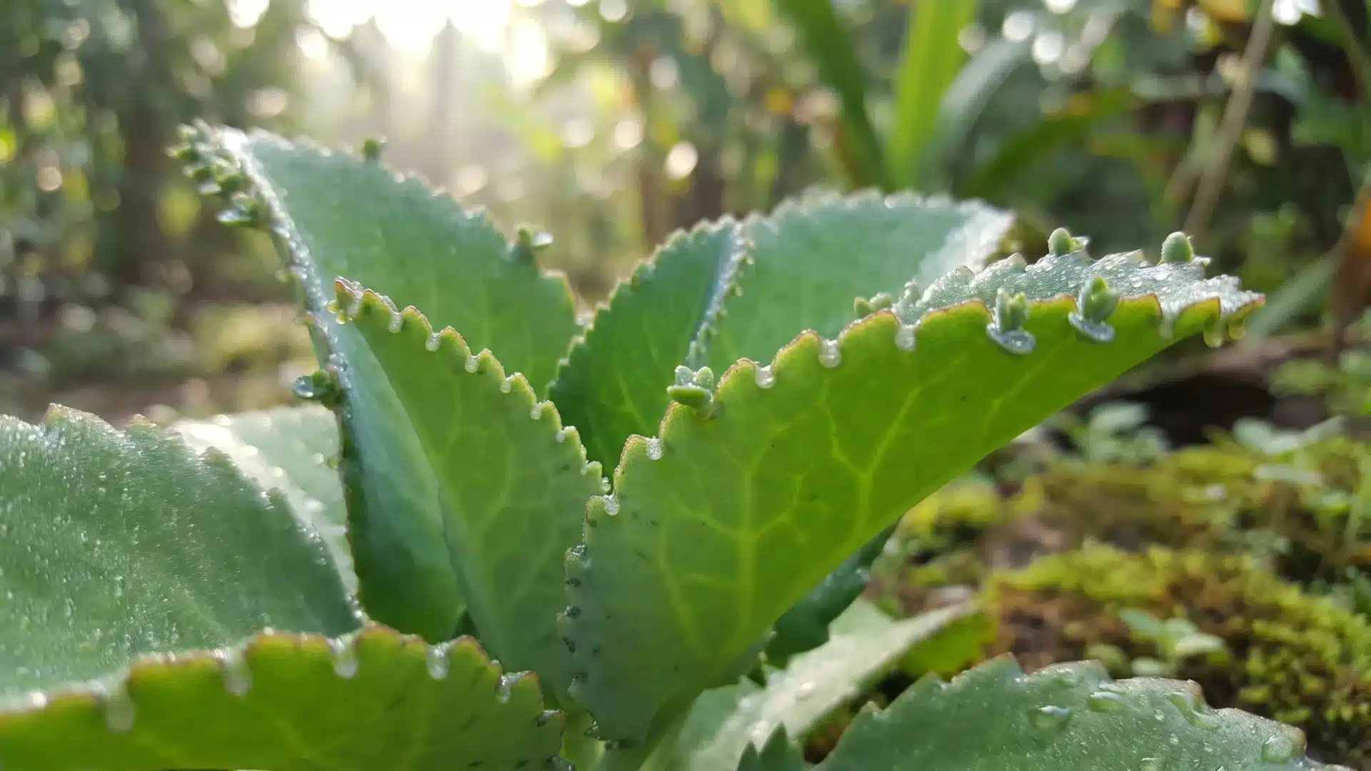 Close-up of green leaf of life plant leaves covered with dew in soft natural sunlight with blurred garden background.