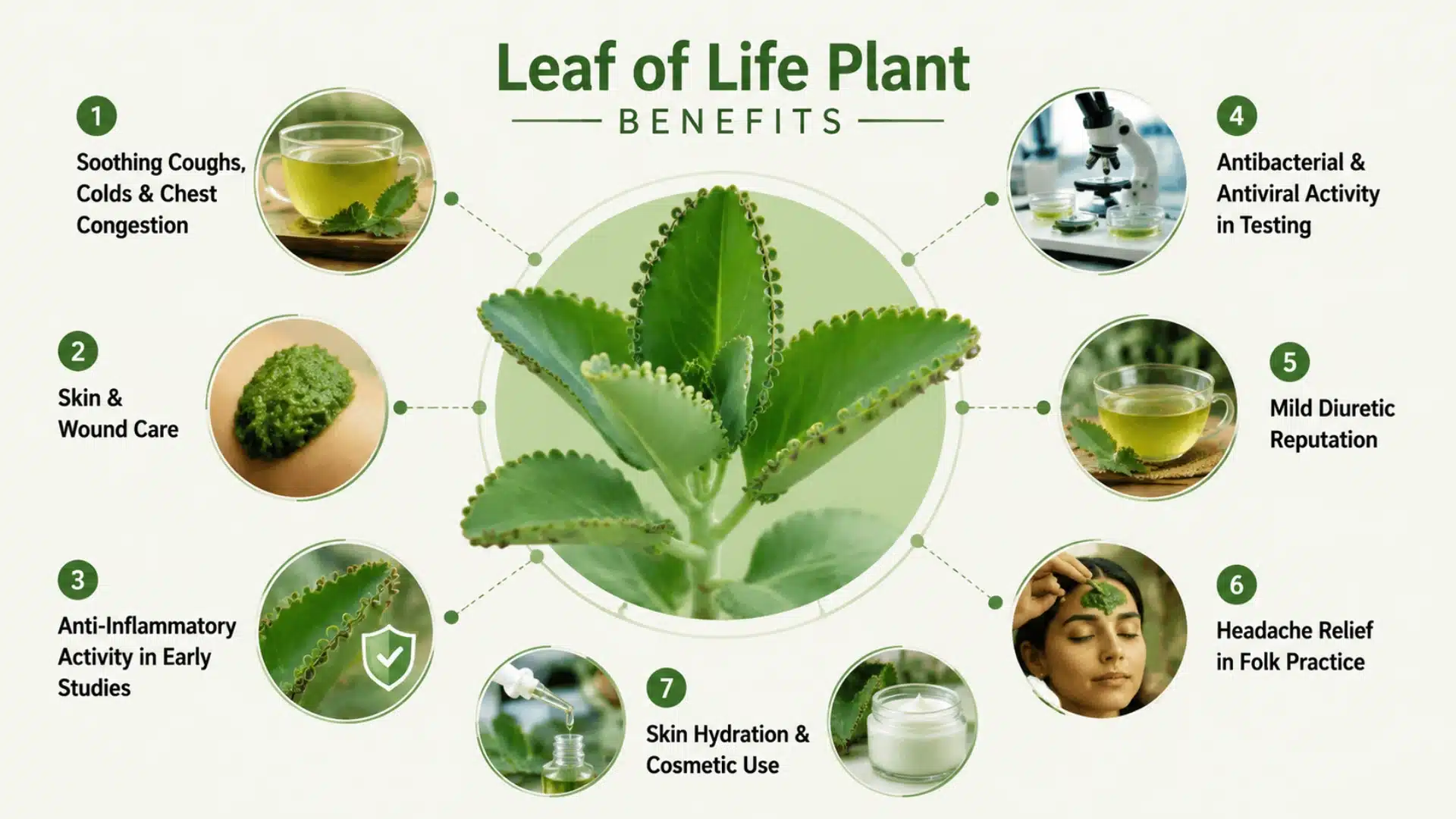 Leaf of Life plant benefits infographic showing traditional uses and research areas.