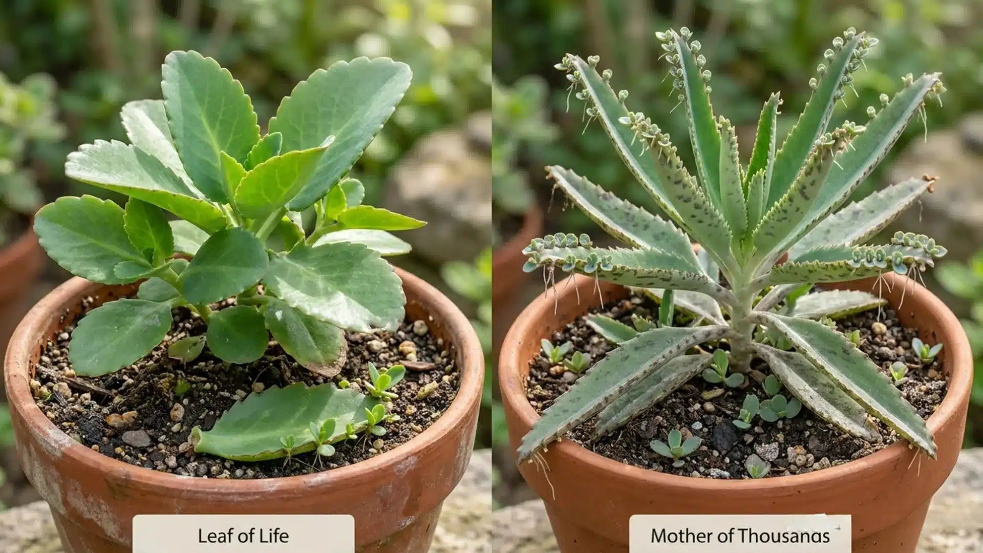 Leaf of Life and Mother of Thousands plants compared side by side in terracotta pots.