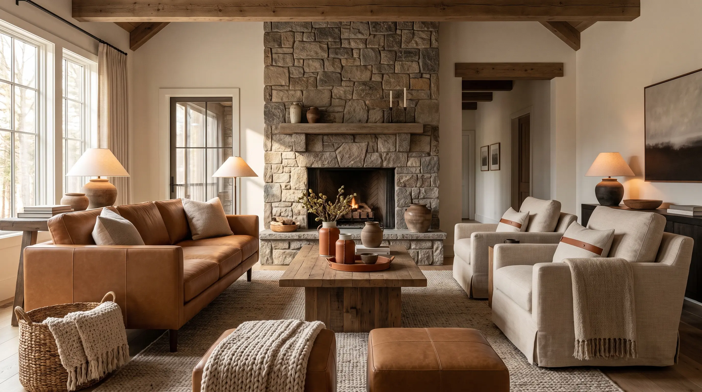 Modern rustic living room with caramel leather furniture and natural wood elements