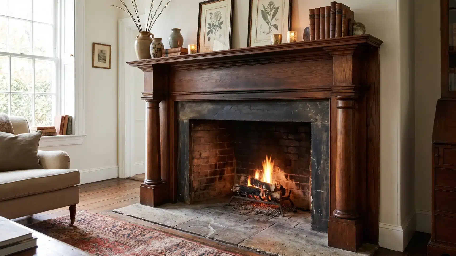 Traditional wooden fireplace mantel with carved columns and classic living room design.