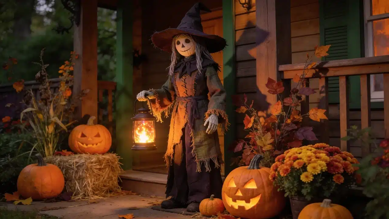 Life-size witch display used as DIY outdoor Halloween decor.