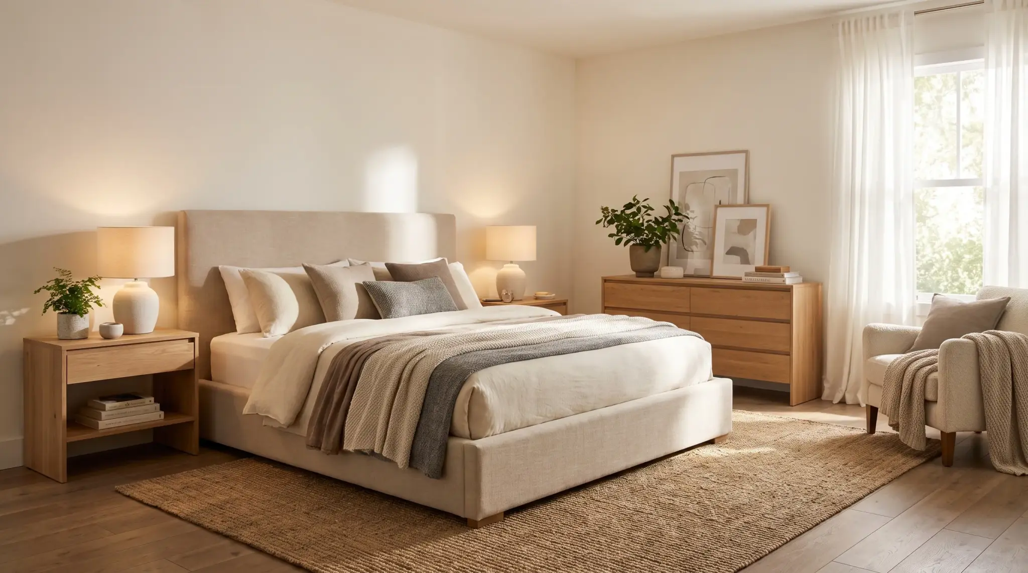 Modern master bedroom interior design with upholstered bed, layered bedding, plants, and warm lighting.