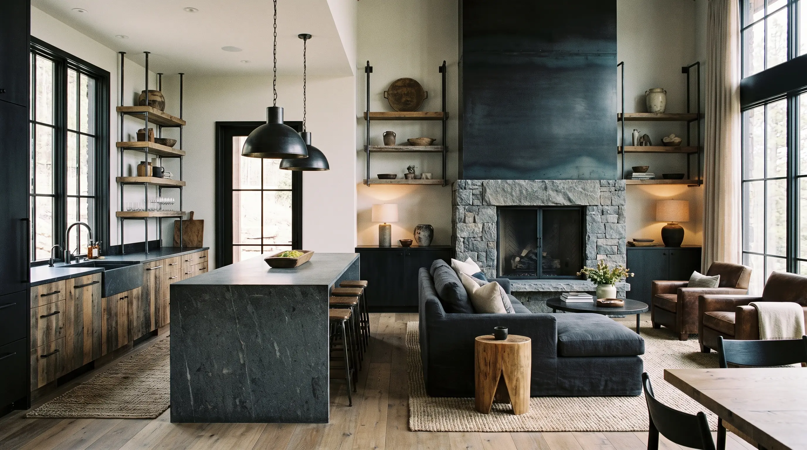 Modern rustic kitchen with black metal fixtures and reclaimed wood cabinetry