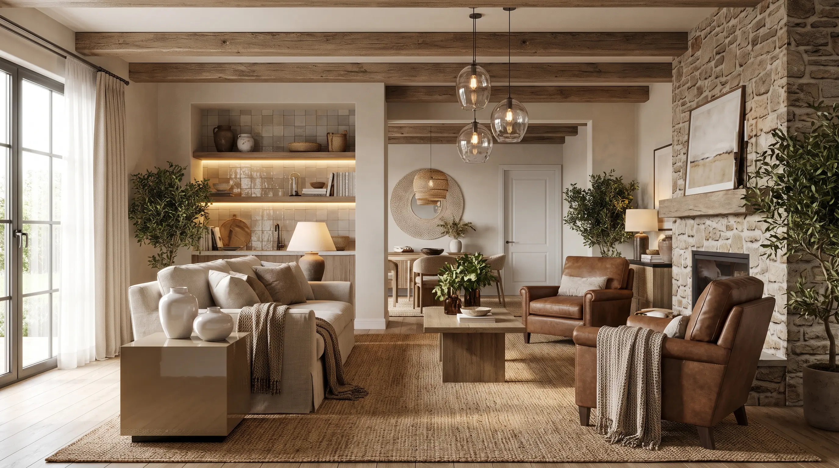 Modern rustic interior mixing matte wood surfaces with glossy ceramic decor