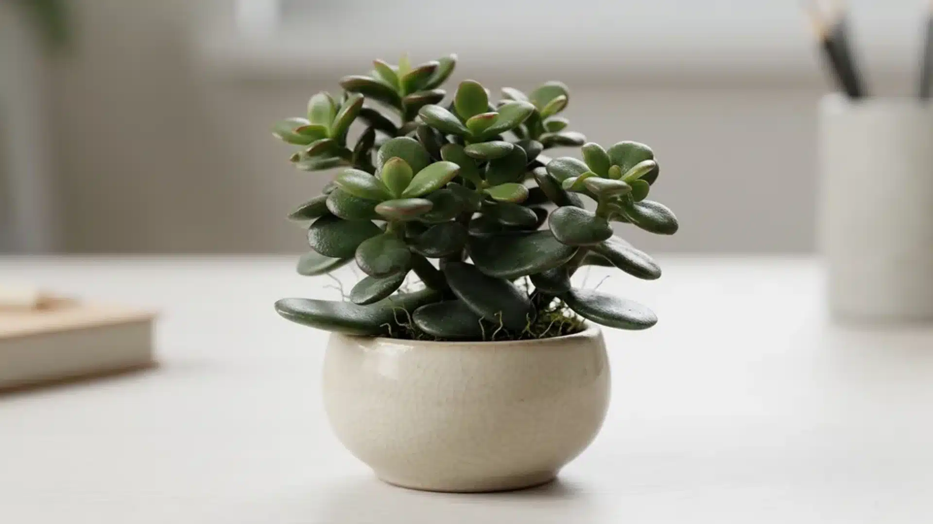 A miniature jade plant in a small neutral pot placed on a clean tabletop with soft natural light and minimal background.