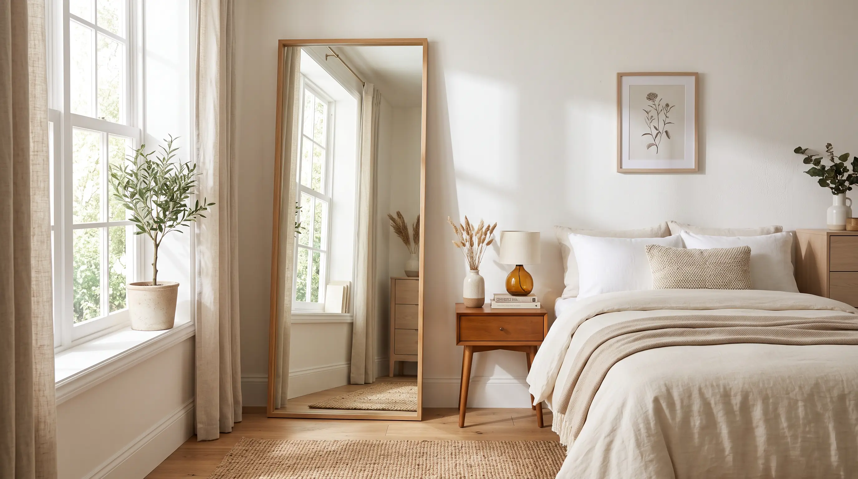 Master bedroom with a large mirror enhancing light and space
