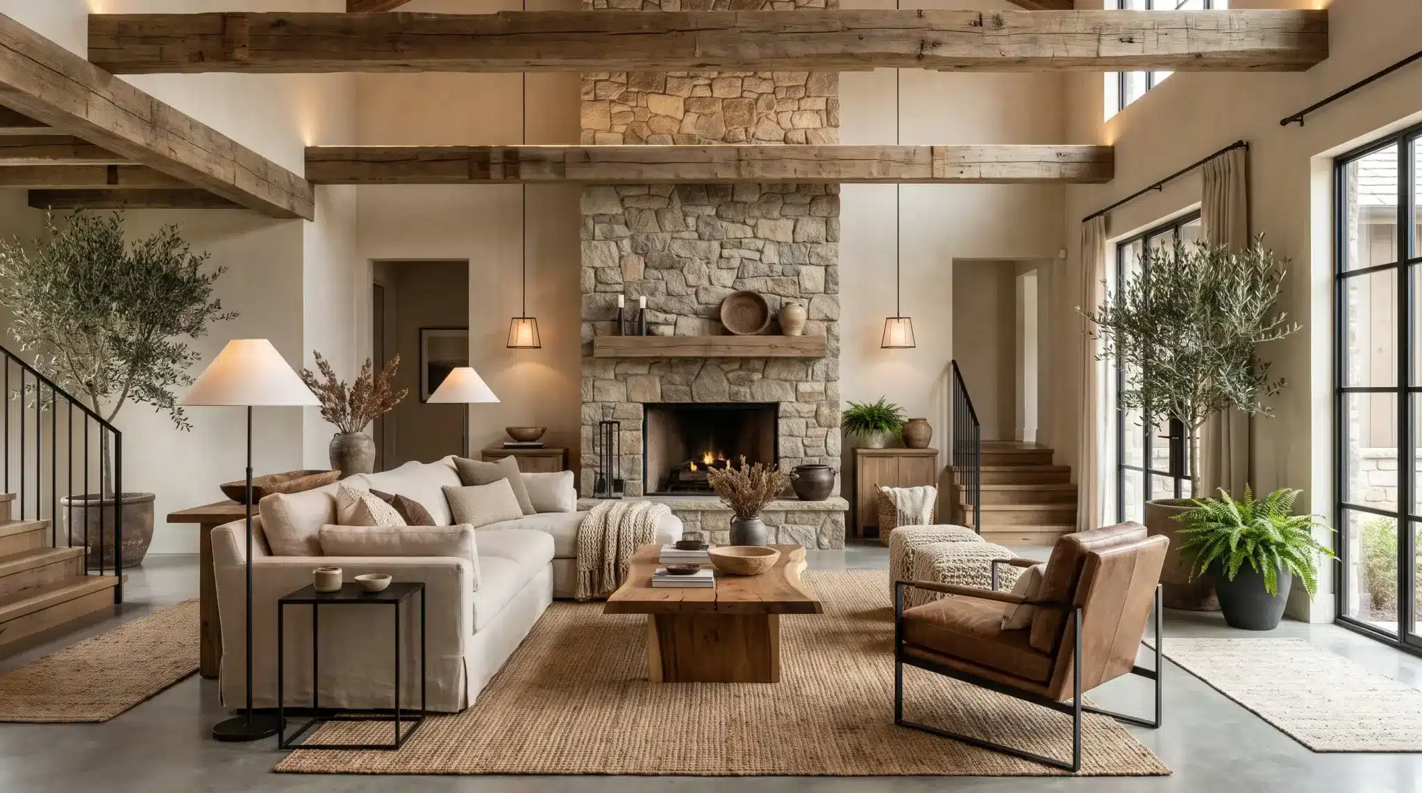 Modern rustic living room with wood beams, stone fireplace, linen sofa, and natural decor elements