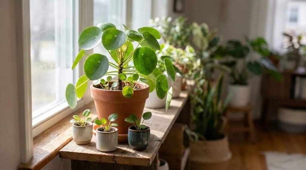 Chinese Money Plant propagation with baby Pilea plants growing beside a mature indoor plant.