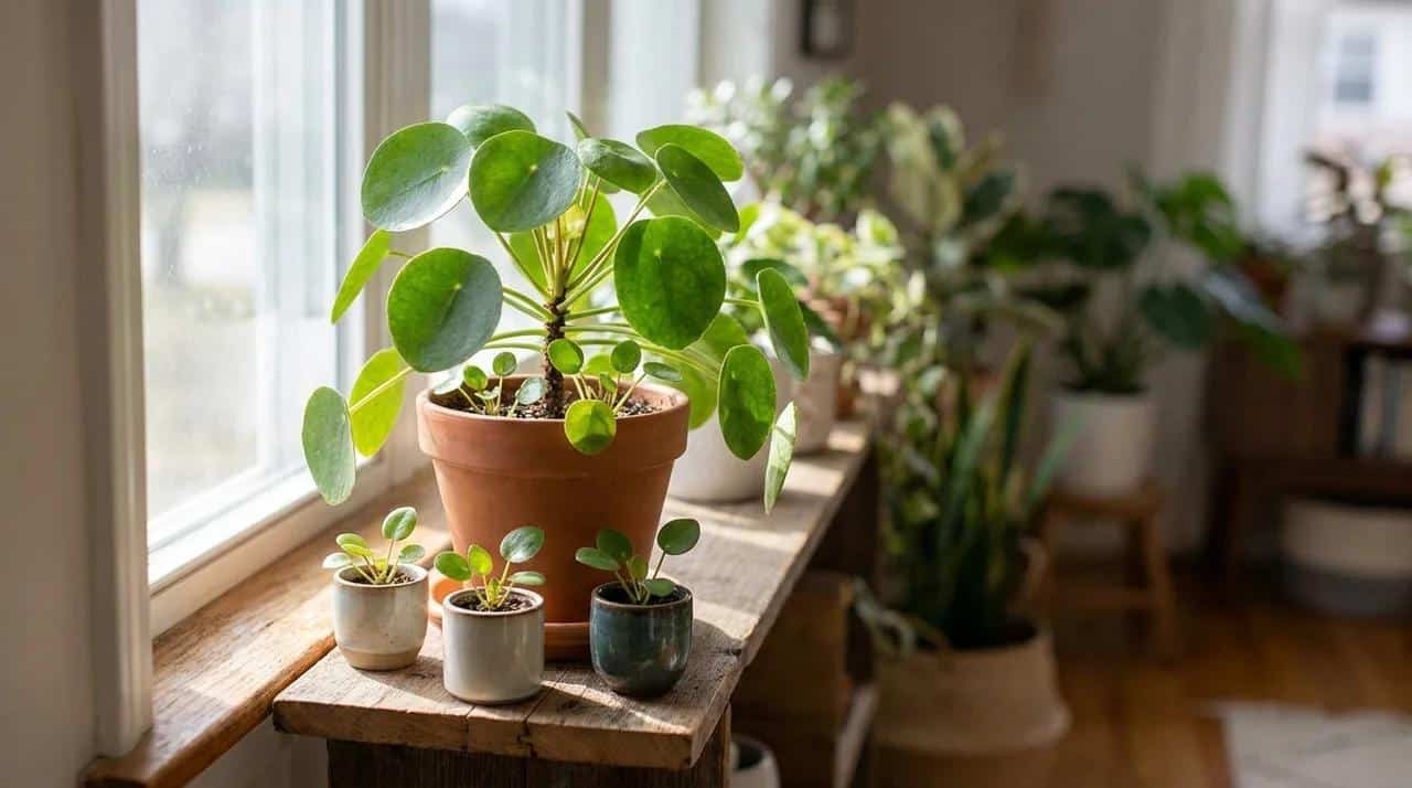 Chinese Money Plant propagation with baby Pilea plants growing beside a mature indoor plant.