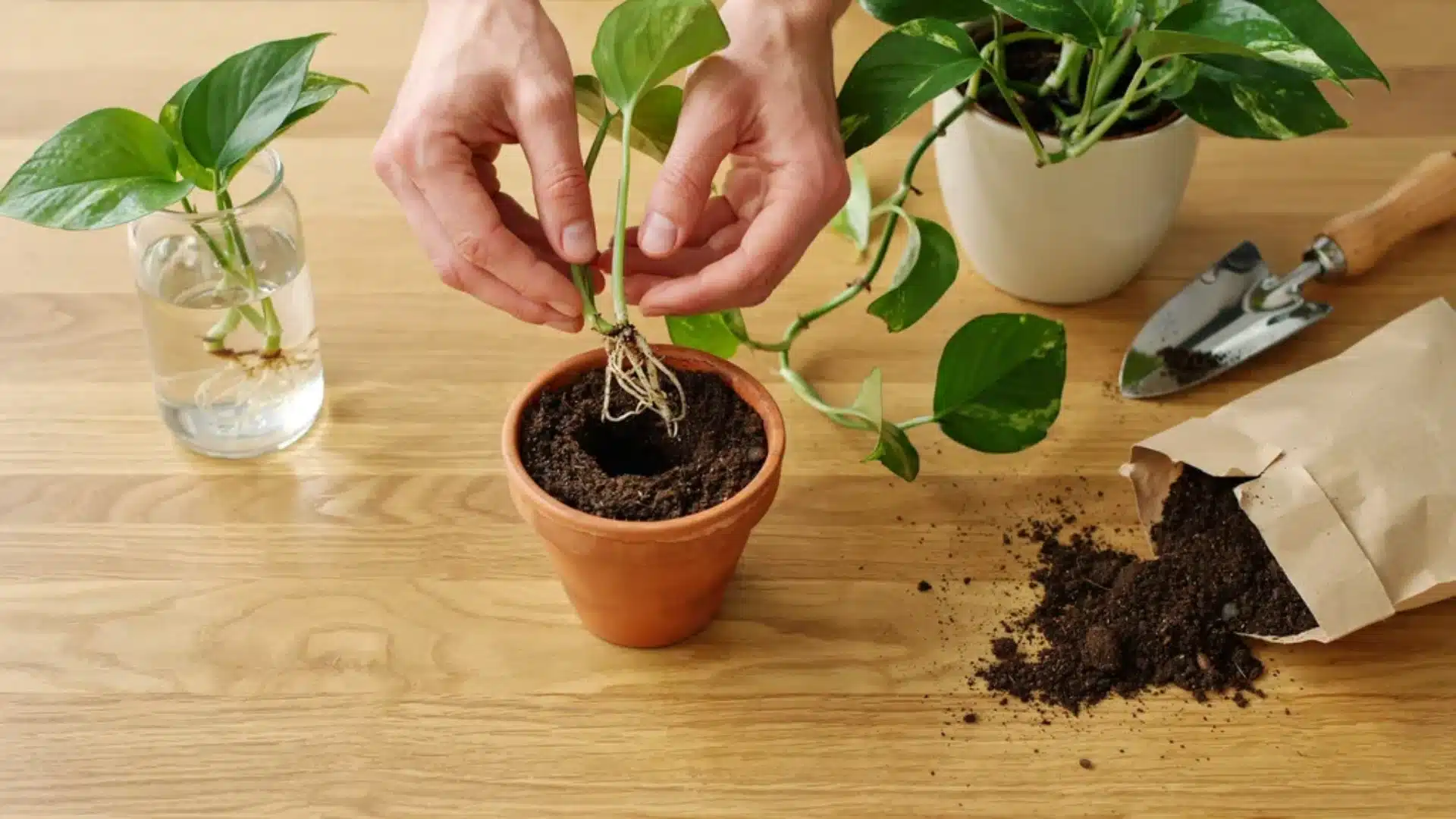 Hands transferring a rooted pothos cutting from water into a small terracotta pot filled with soil on a wooden surface.