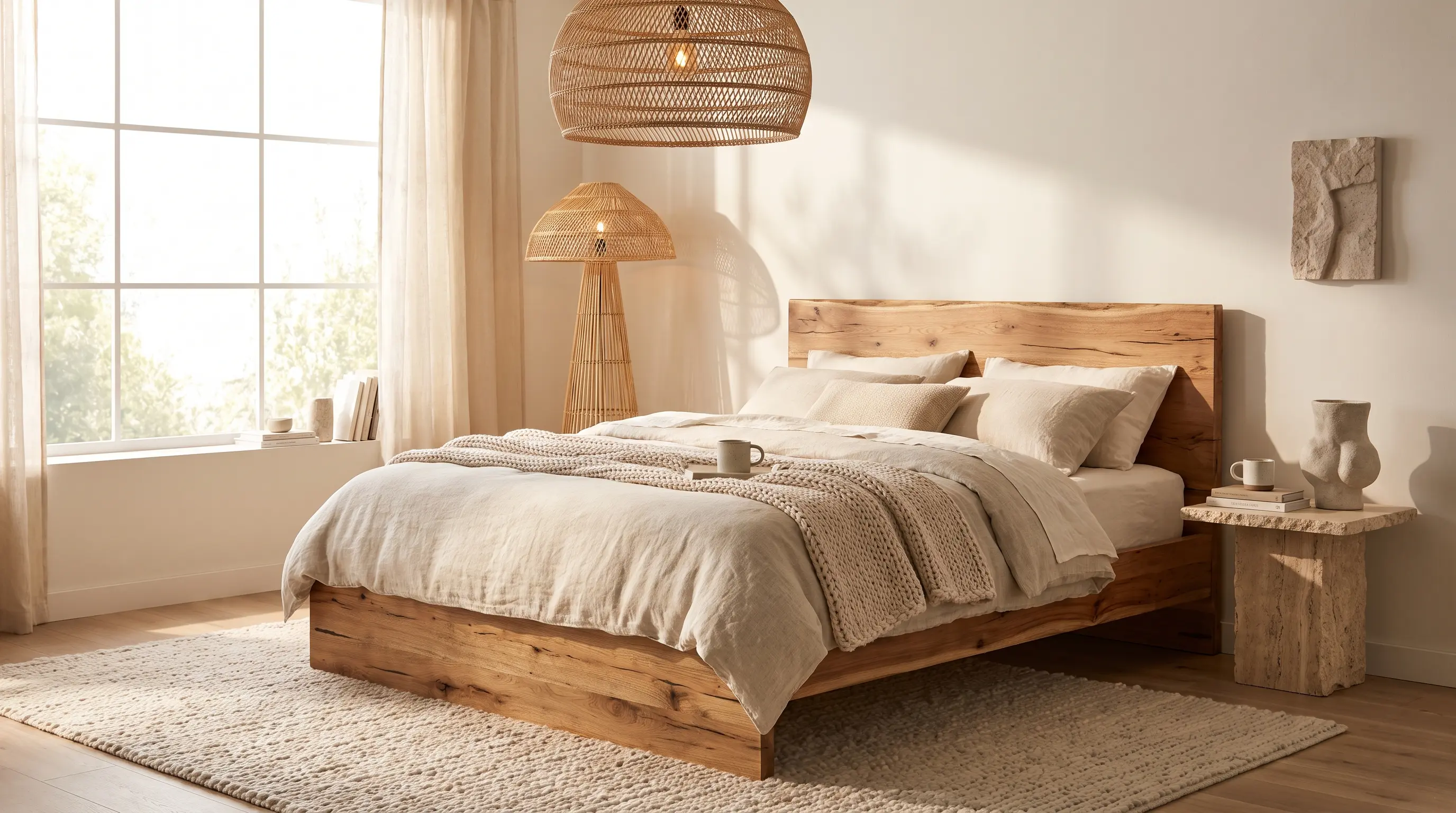 Natural materials in master bedroom design including wood and linen