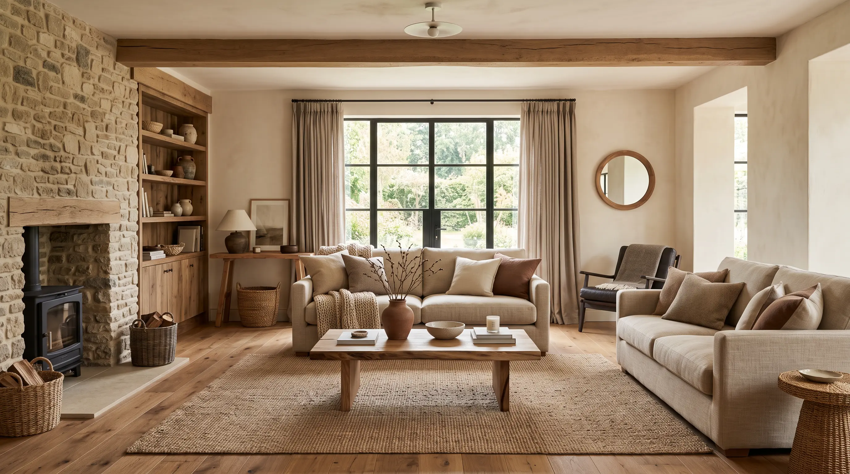 Modern rustic bedroom with beige tones, linen furniture, and warm natural textures