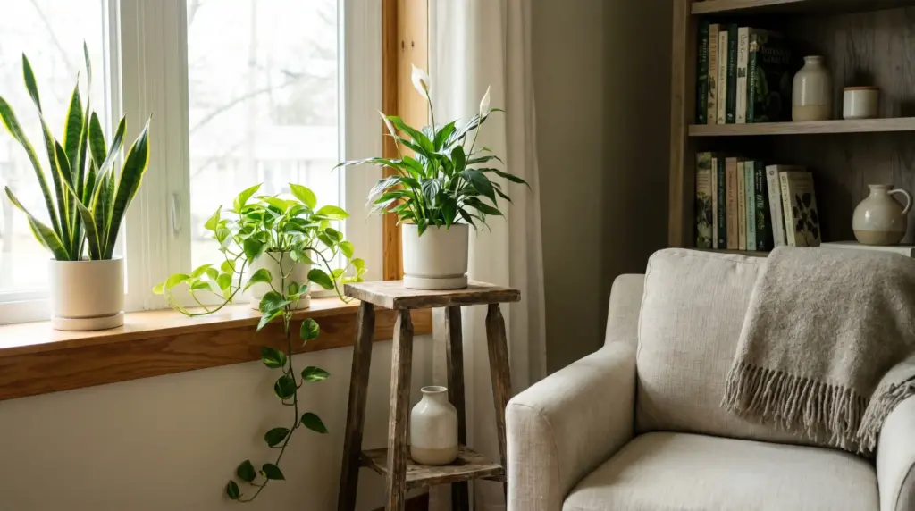 Cozy living room with north facing window plants including snake plant, pothos, and peace lily in soft daylight.