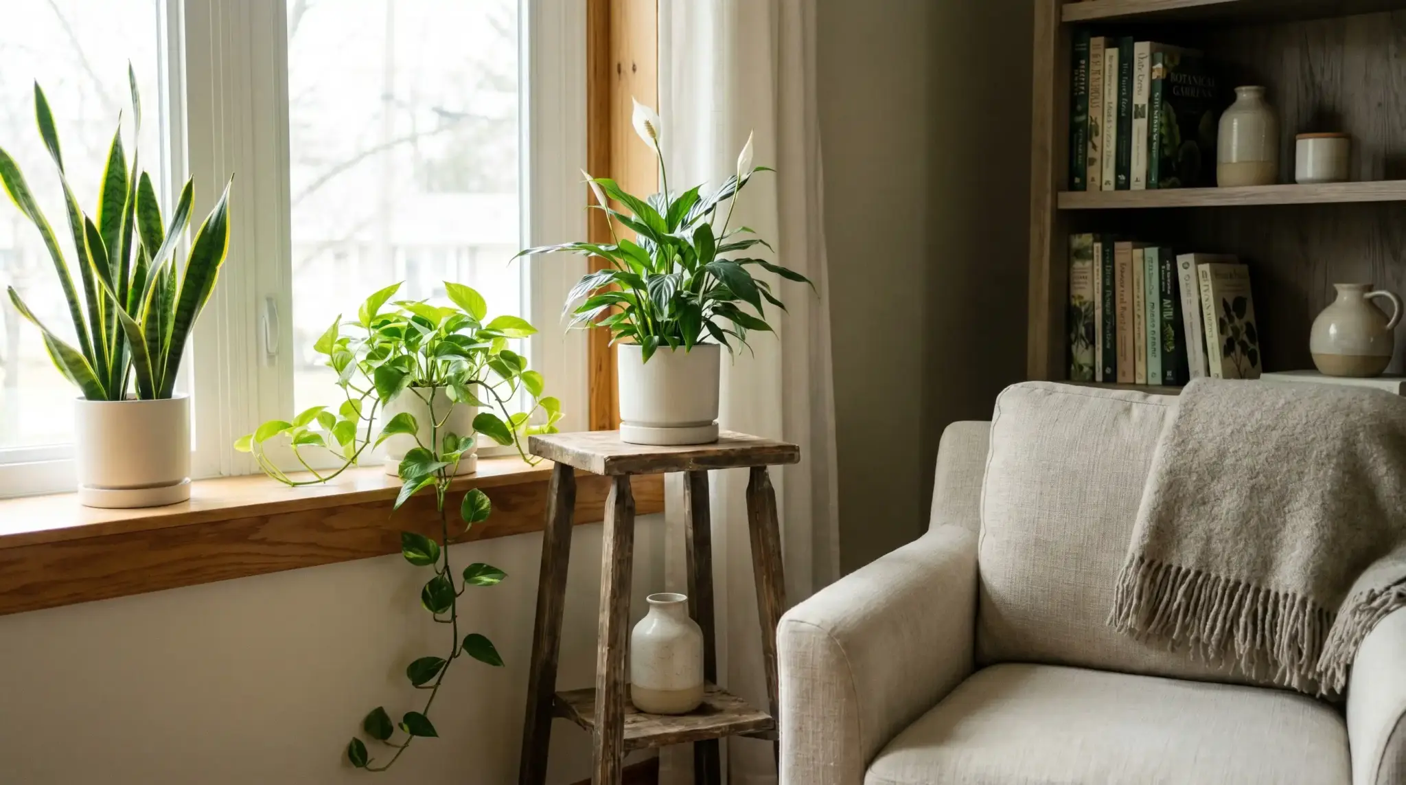 Cozy living room with north facing window plants including snake plant, pothos, and peace lily in soft daylight.