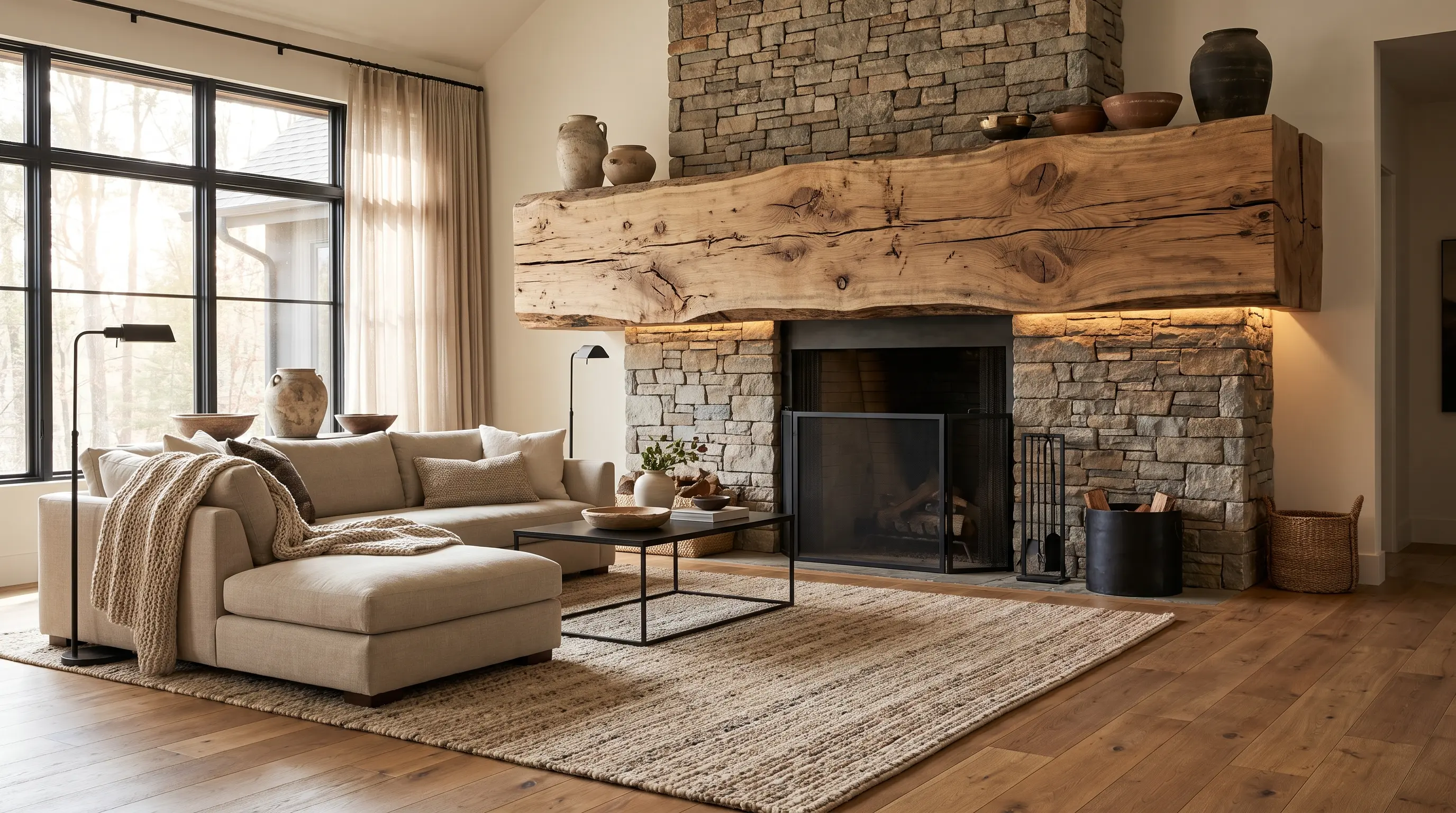 Reclaimed live-edge wood slab used as a statement piece in a modern rustic living room