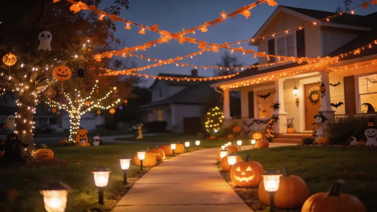 Outdoor Halloween lighting display with glowing yard decorations.