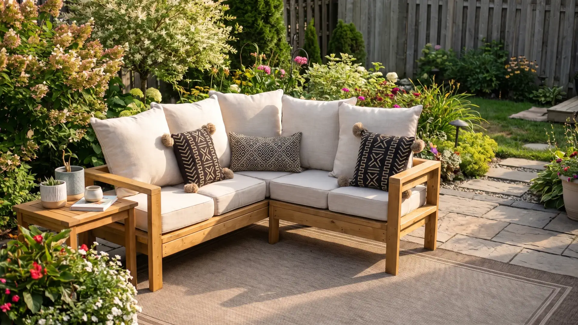 Outdoor wooden sectional sofa with cushions in a landscaped backyard seating area.