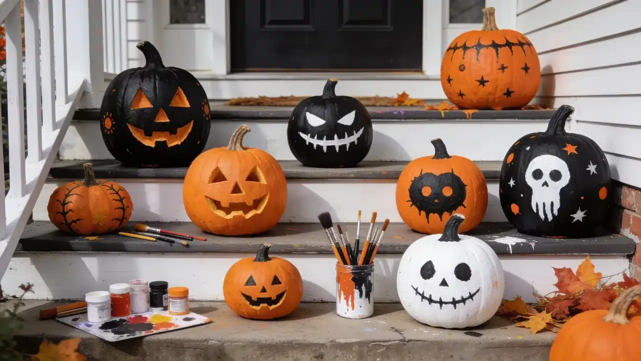 Hand painted pumpkins arranged as DIY outdoor Halloween decorations on porch steps.
