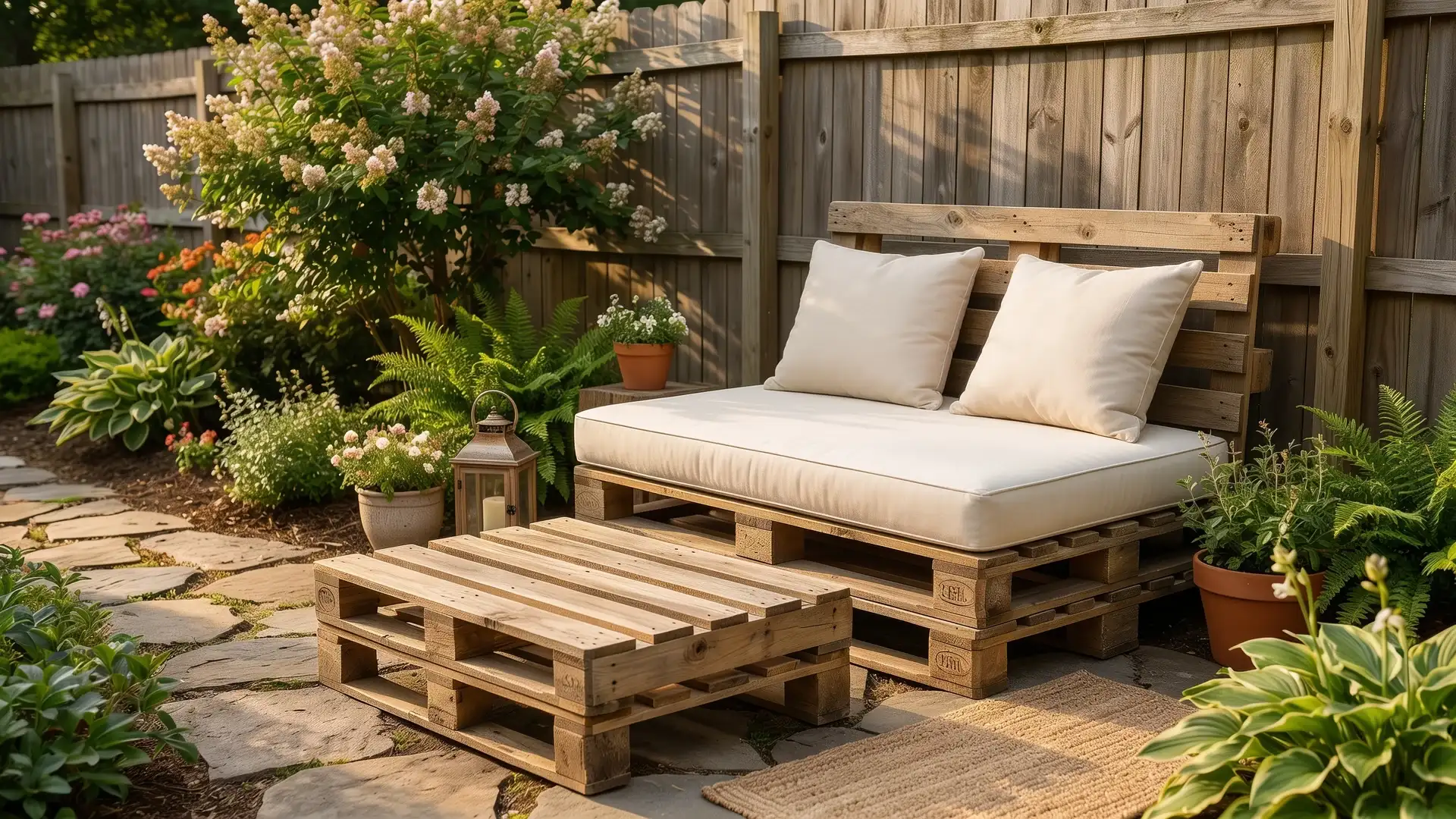 DIY pallet daybed with white cushions surrounded by garden plants.