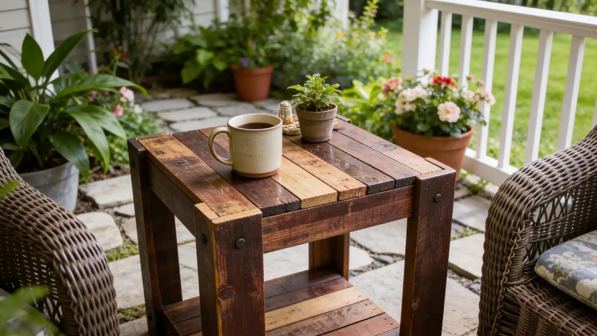 Handmade wooden pallet side table with coffee cup and potted plant on a patio.