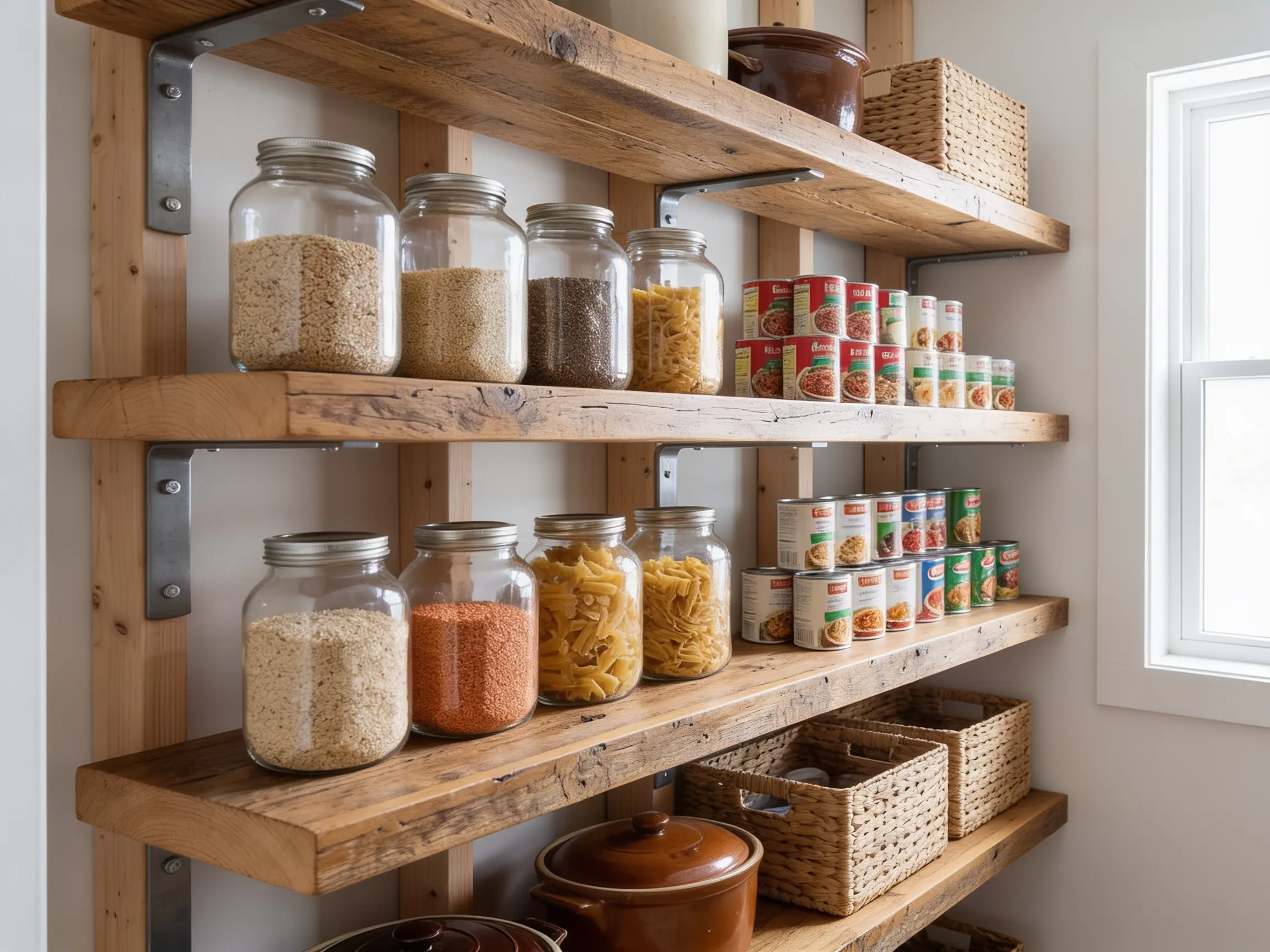 Testing DIY pantry shelves with stored items to show strength and weight capacity.