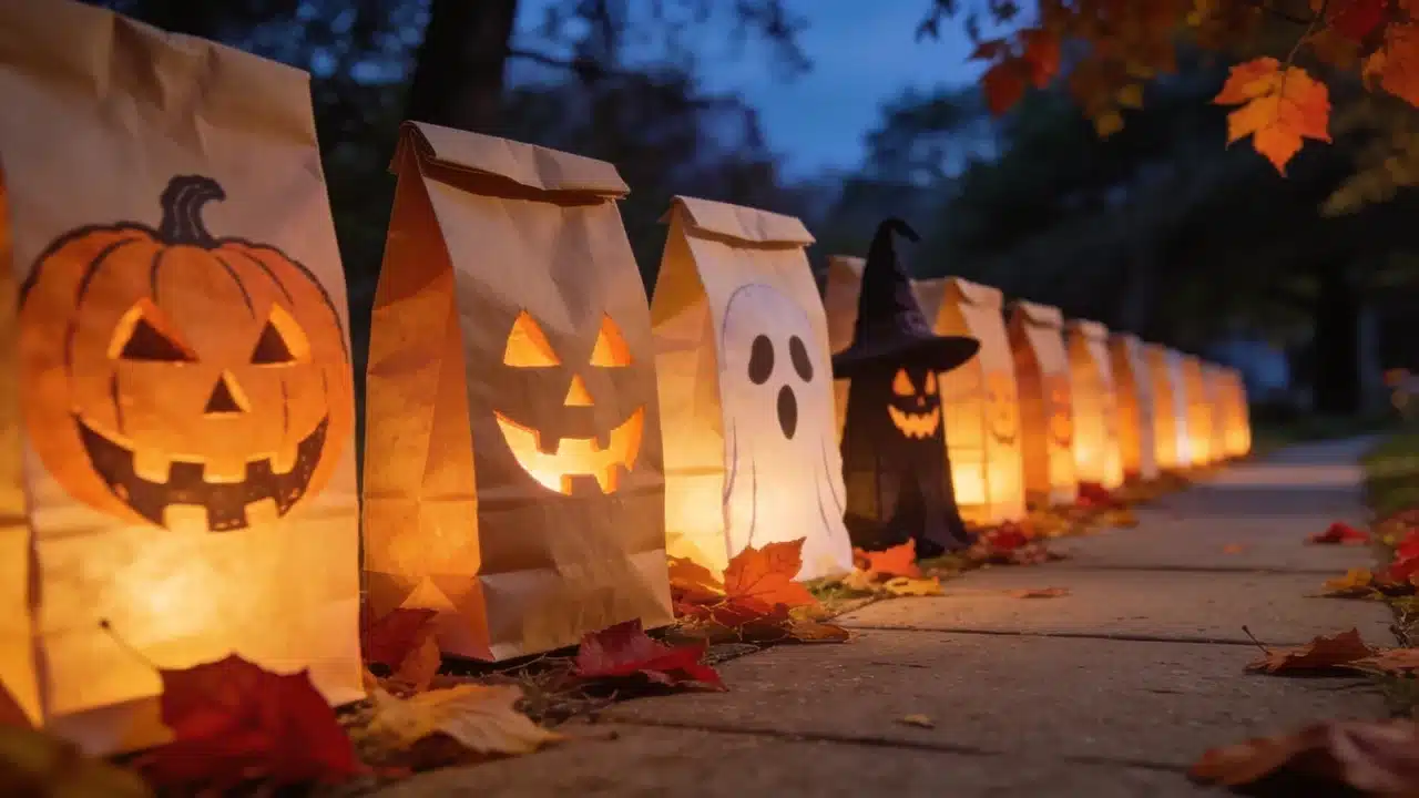 Glowing paper bag lanterns placed along a Halloween walkway outdoors.