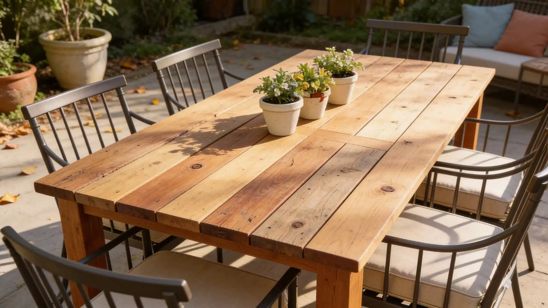 Rustic wooden patio dining table with metal chairs and small potted plants.
