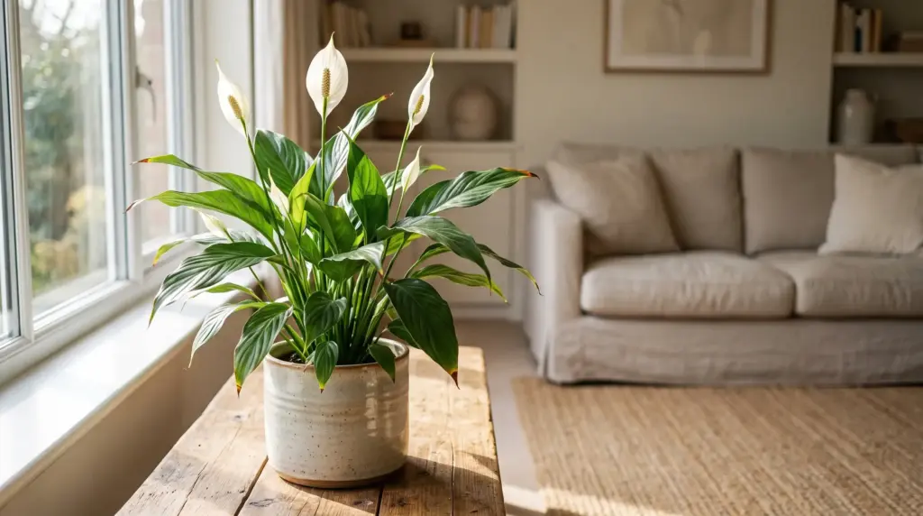 Peace lily brown tips on indoor plant in bright home setting showing early stress symptoms on green leaves.
