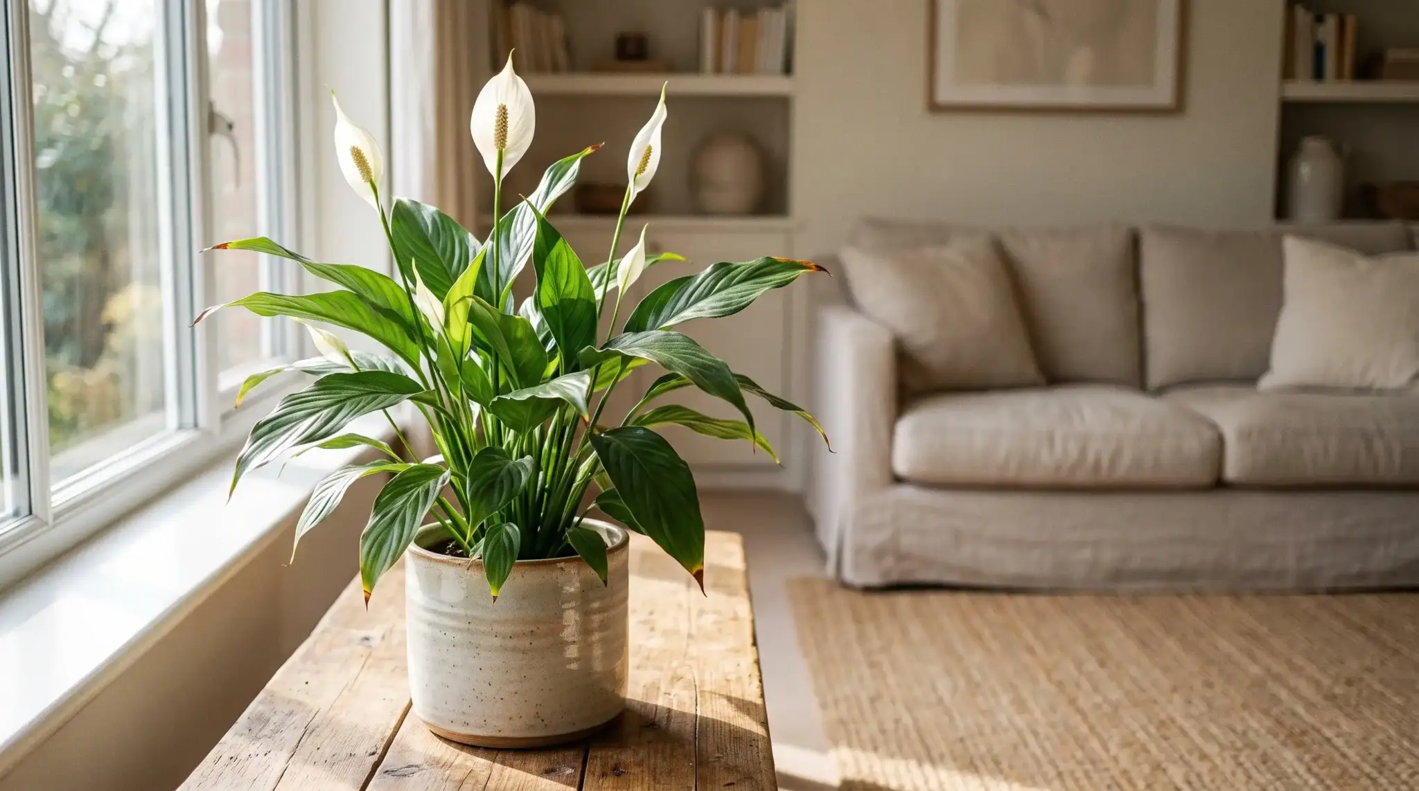 Peace lily brown tips on indoor plant in bright home setting showing early stress symptoms on green leaves.