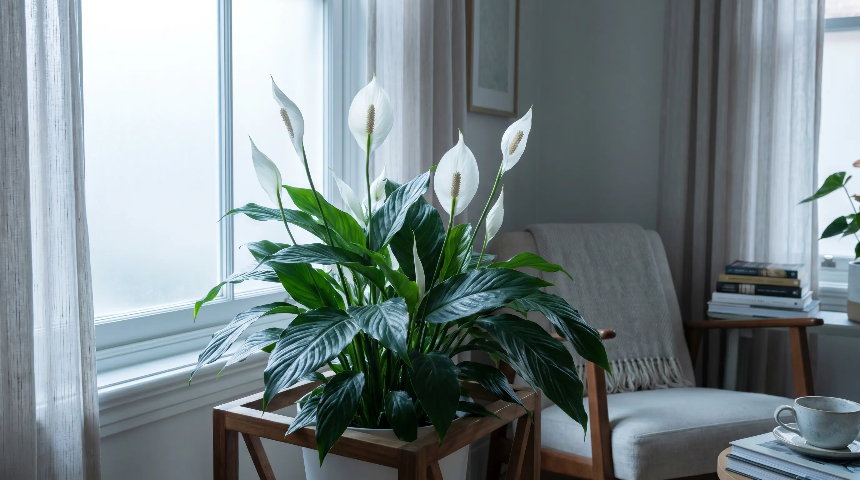Peace lily with white blooms shown as flowering north facing window plants thriving in low indirect light spaces.