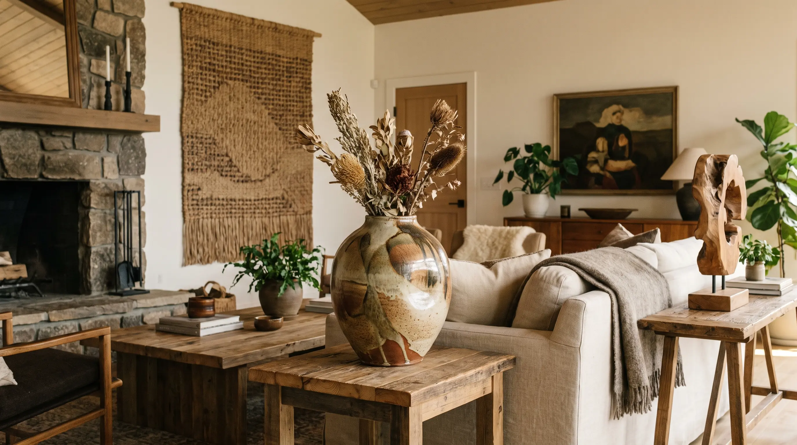 Modern rustic room featuring a handmade decor piece with natural materials