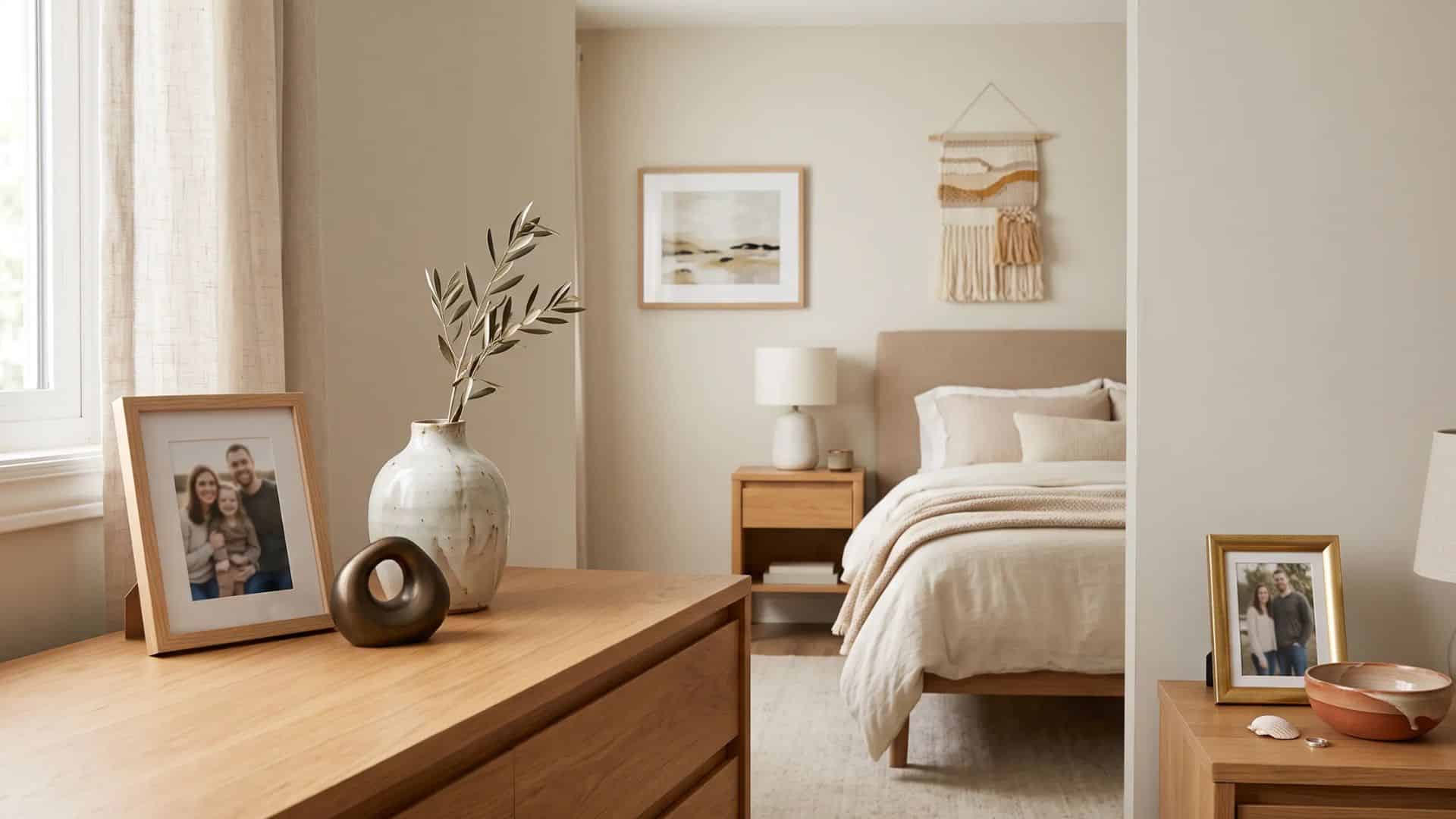 Master bedroom with framed photos, artwork, handmade ceramics, and meaningful decor arranged neatly on walls and furniture.