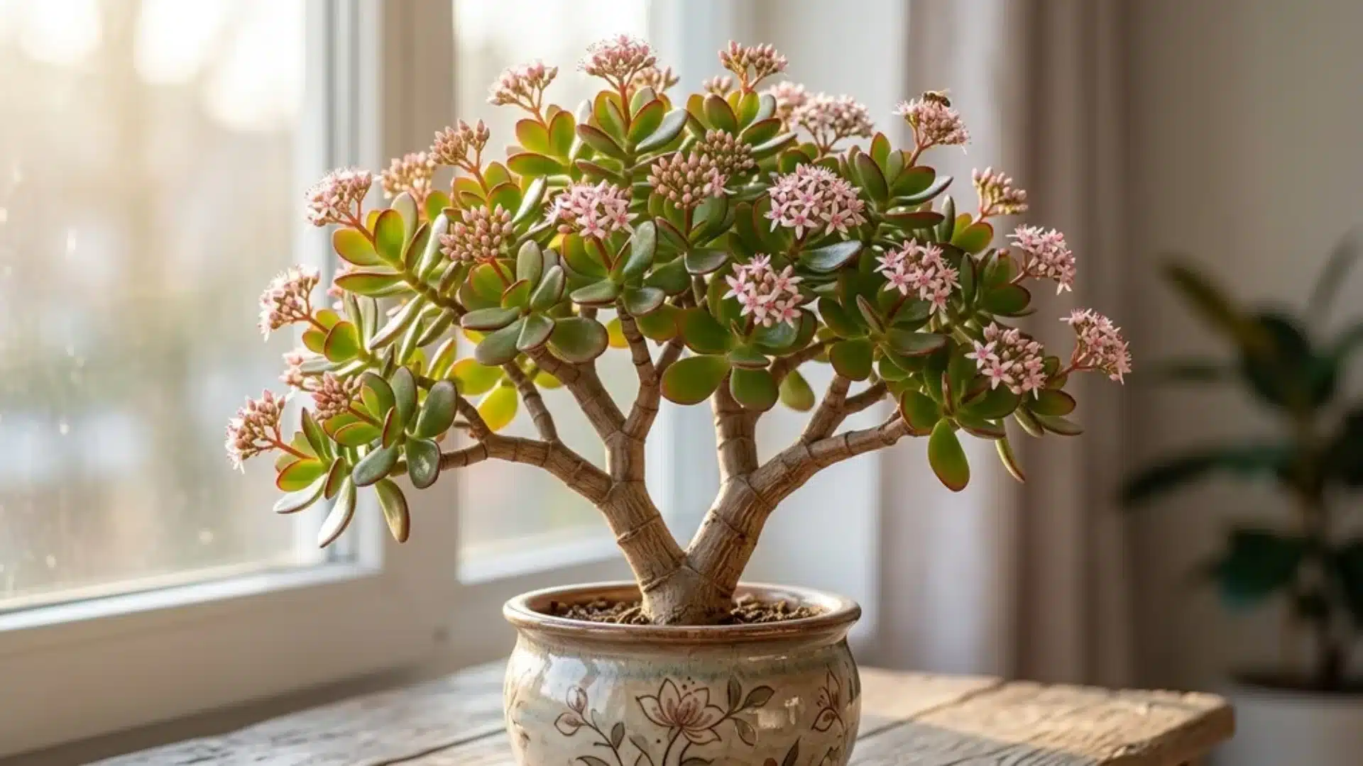 A jade plant with rounded green leaves and soft pink-tinted edges in a terracotta pot on a wooden table near a window.