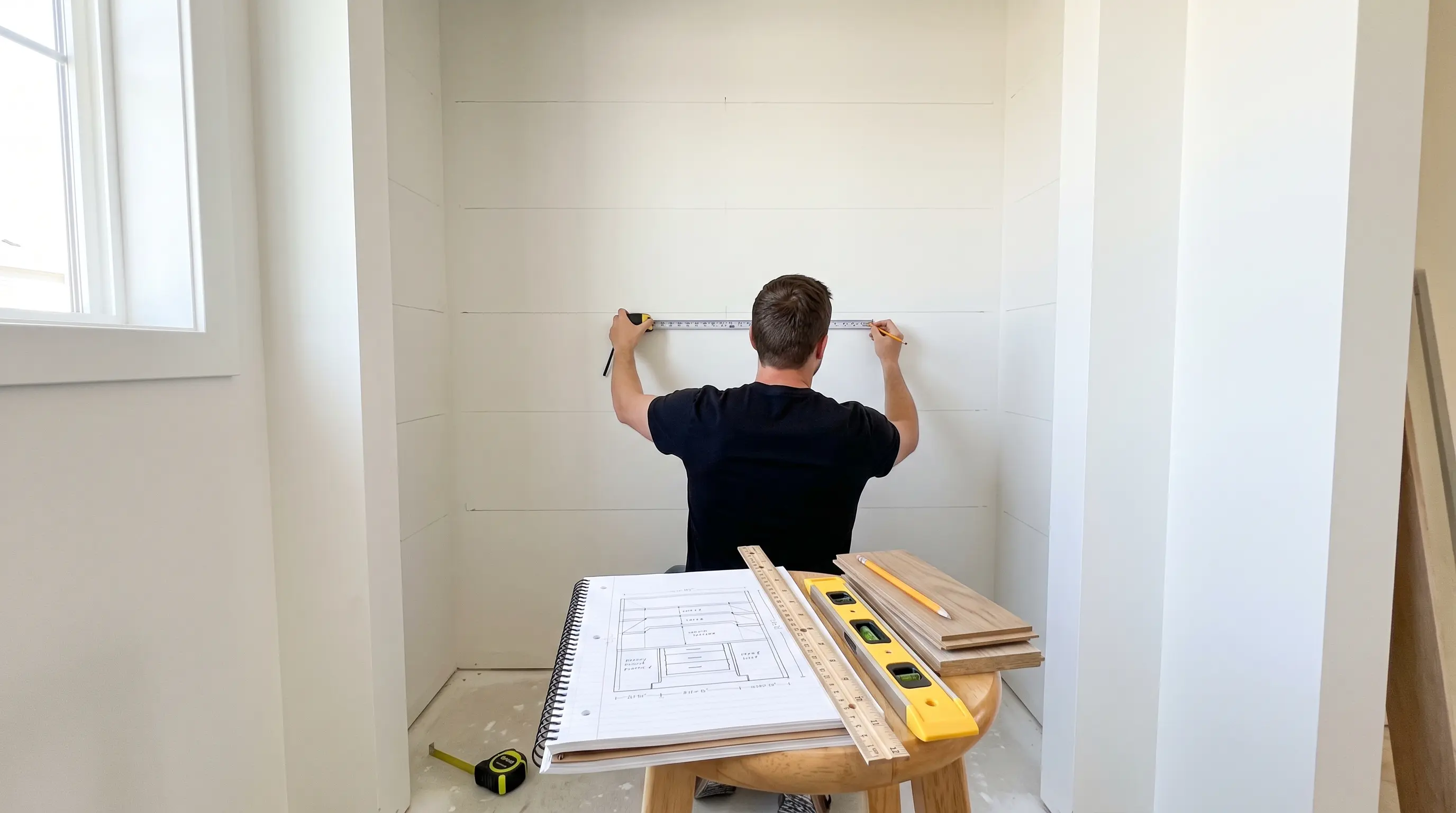 Planning pantry shelf layout with measurements, sketches, and marked shelf positions on the wall.
