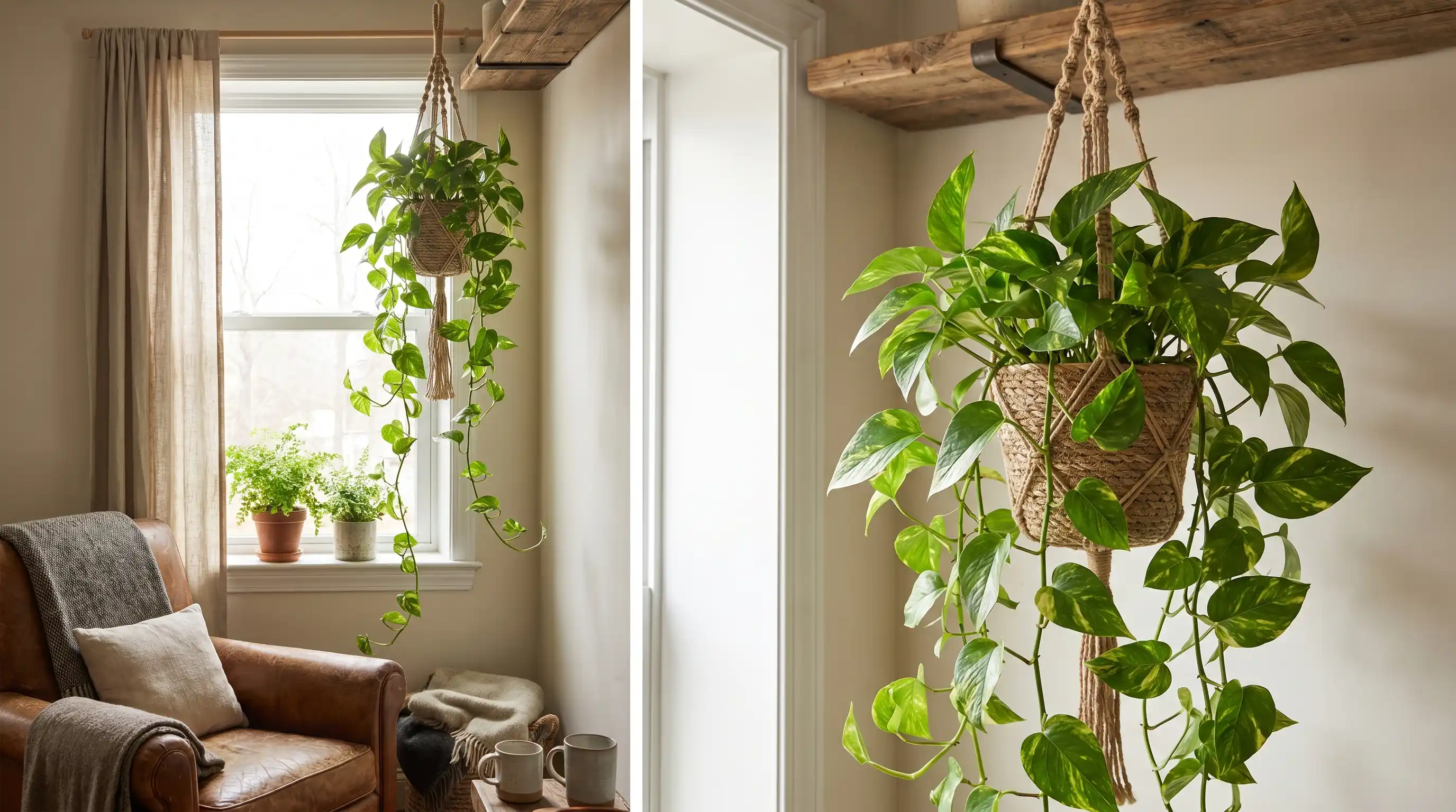 Trailing pothos vines featured as easy-care north facing window plants growing well in low-light indoor environments.