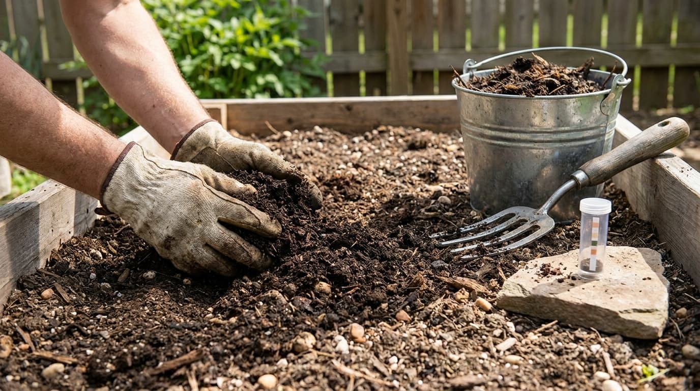 Gardener mixing compost into soil before planting a cut flower garden