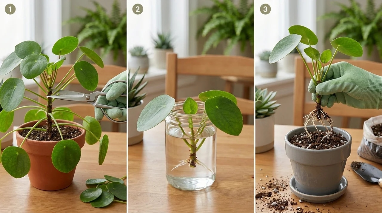 Three-step process showing how to propagate a Pilea plant by cutting, rooting in water, and transplanting into soil.