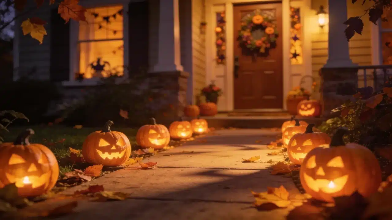 Pumpkin lanterns lining a walkway as DIY outdoor Halloween decor.