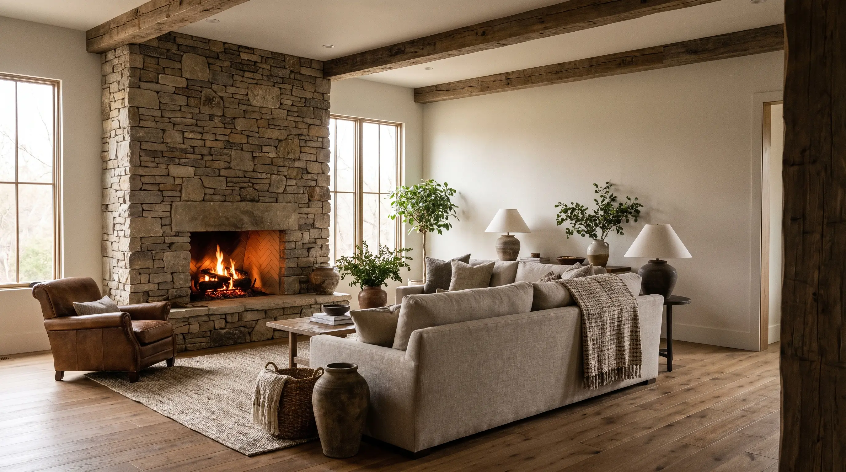 Modern rustic living room with a natural stone fireplace and warm wood details