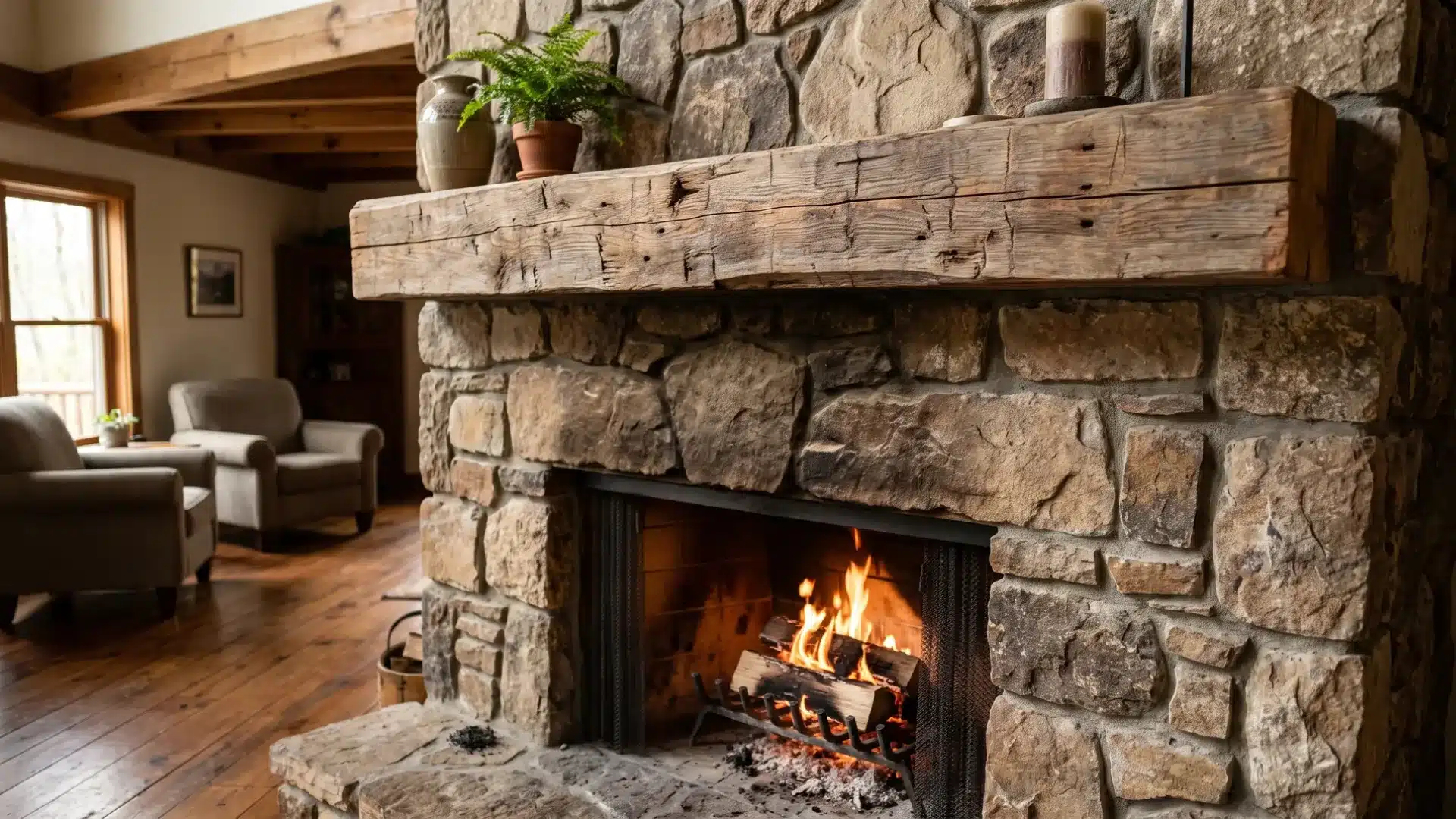 Reclaimed wood mantel shelf above stone fireplace with warm rustic home decor.