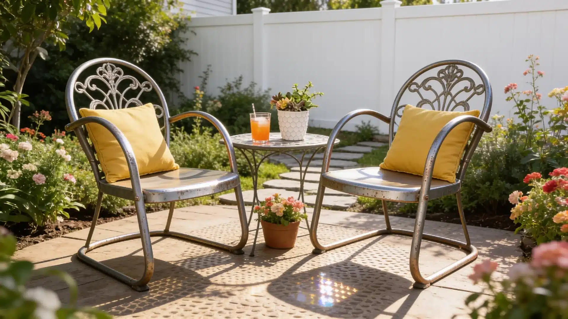 Refurbished metal patio chairs with yellow cushions around a small garden table.