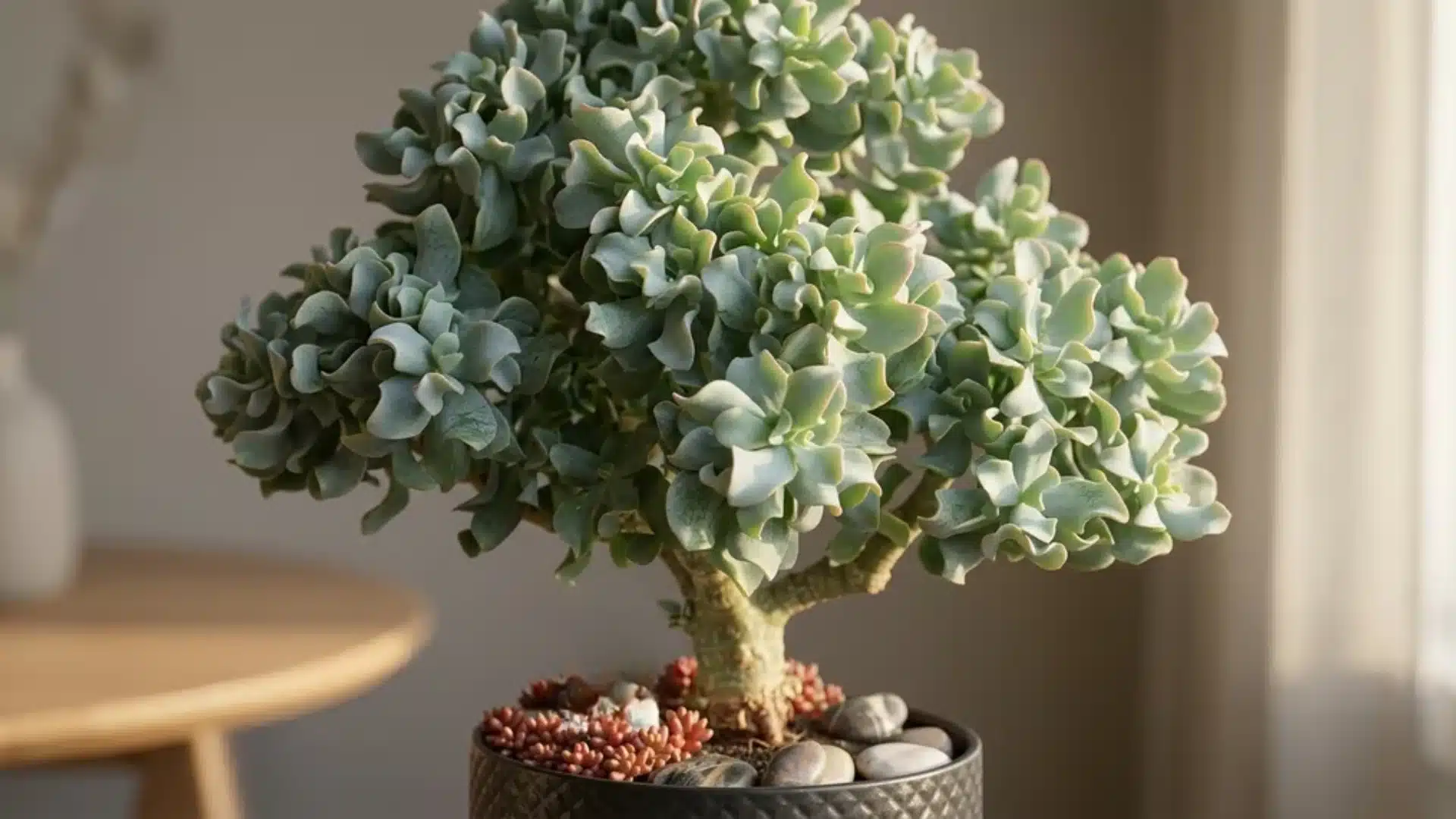 A ripple jade succulent with wavy, textured leaves in a small pot placed on a tabletop with soft natural light.