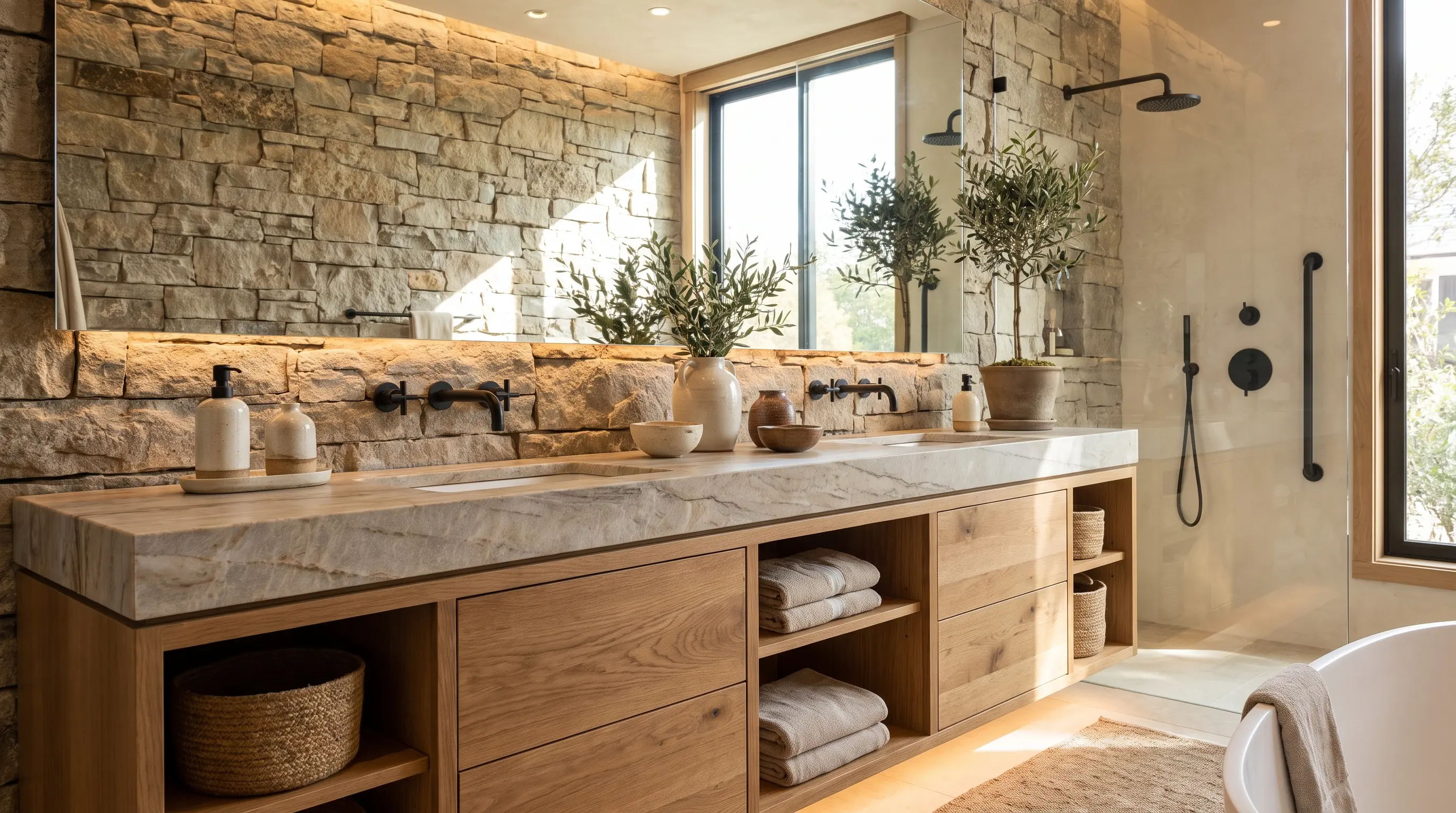 Modern rustic bathroom with stone surfaces and warm wood vanity