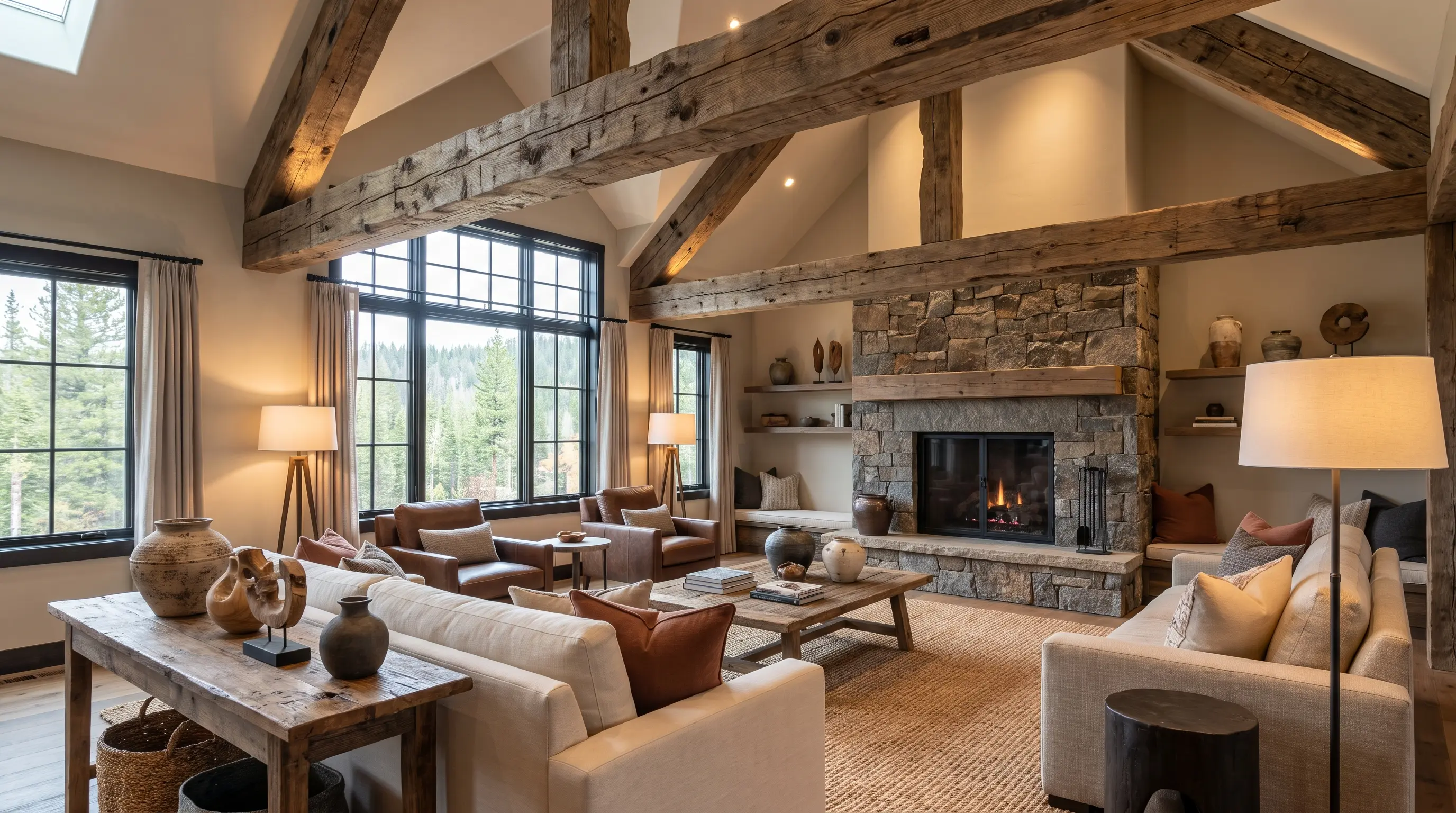 Rustic interior with exposed reclaimed wood beams across a vaulted ceiling