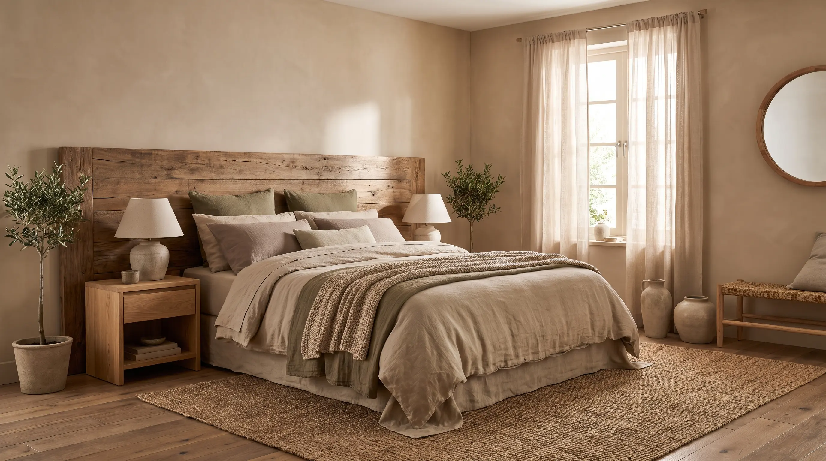 Modern rustic bedroom with matte finishes, linen bedding, and earthy colors