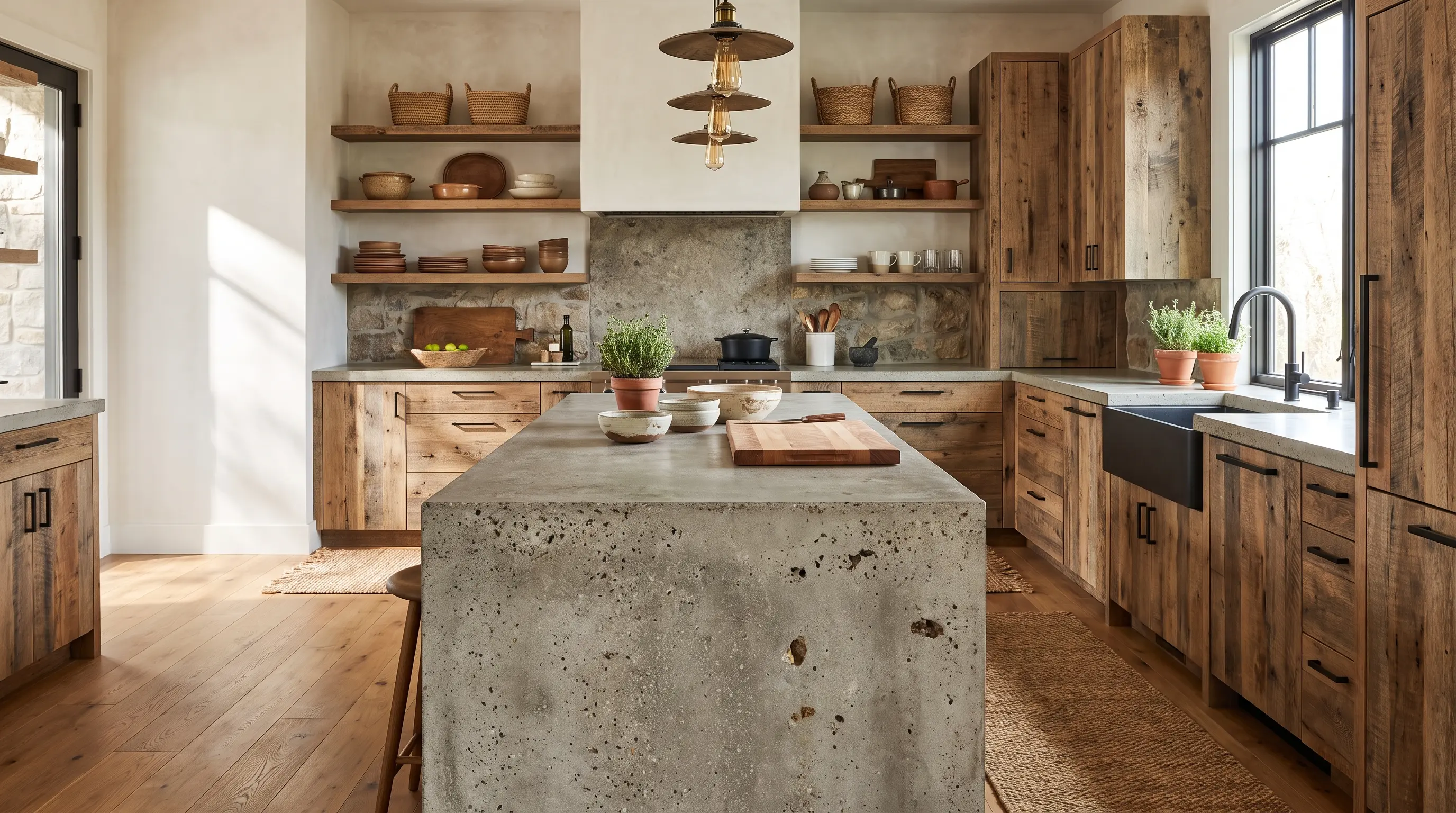 Modern rustic kitchen with a concrete island countertop and wood cabinetry